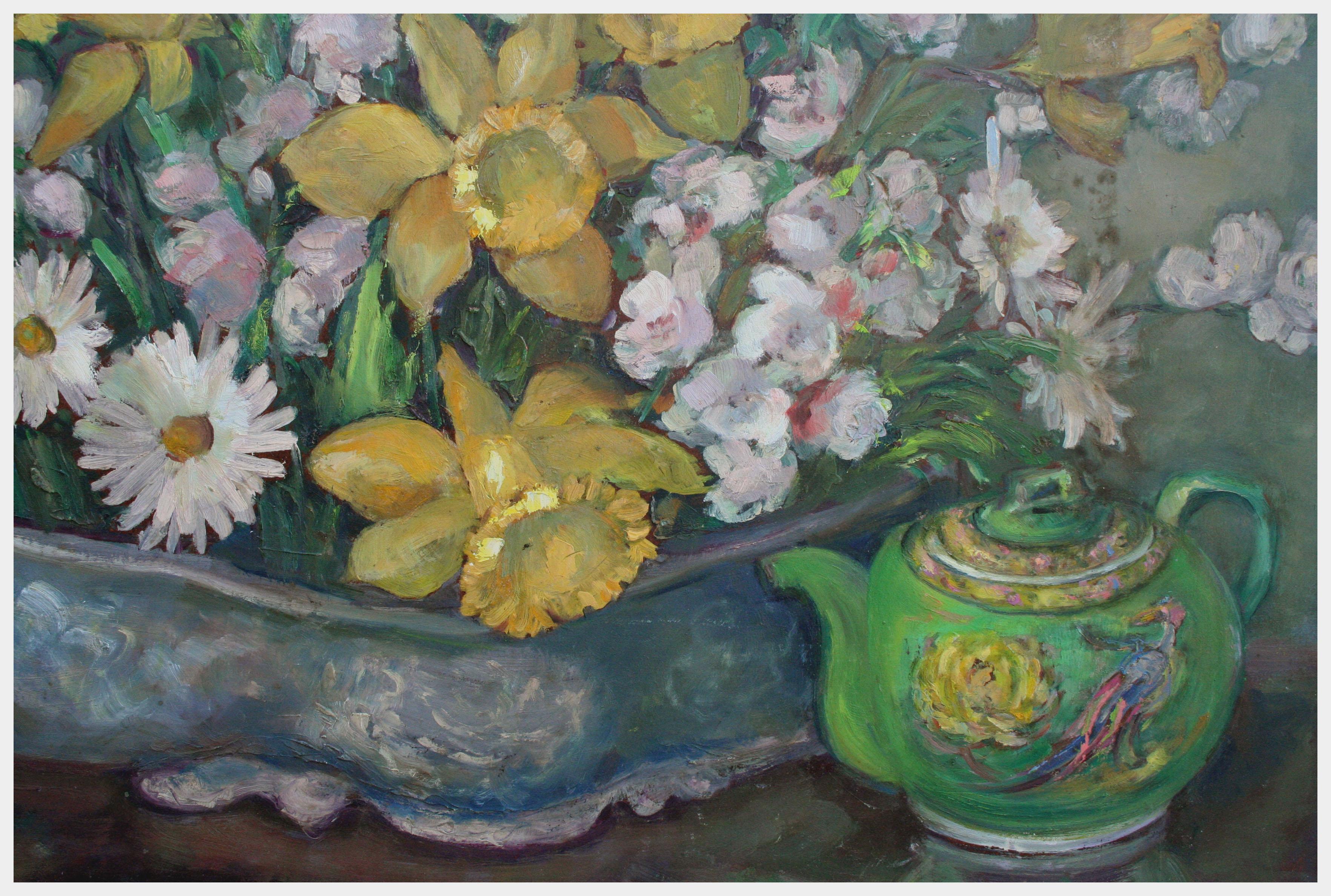 Bearded Iris Still Life/Daffodils and Teapot  (2-sided painting) 1