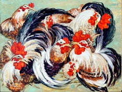 Le Coq Gaulois Rooster Painting, Signed Circa 1950, 18x24 Inches Helen Gleiforst