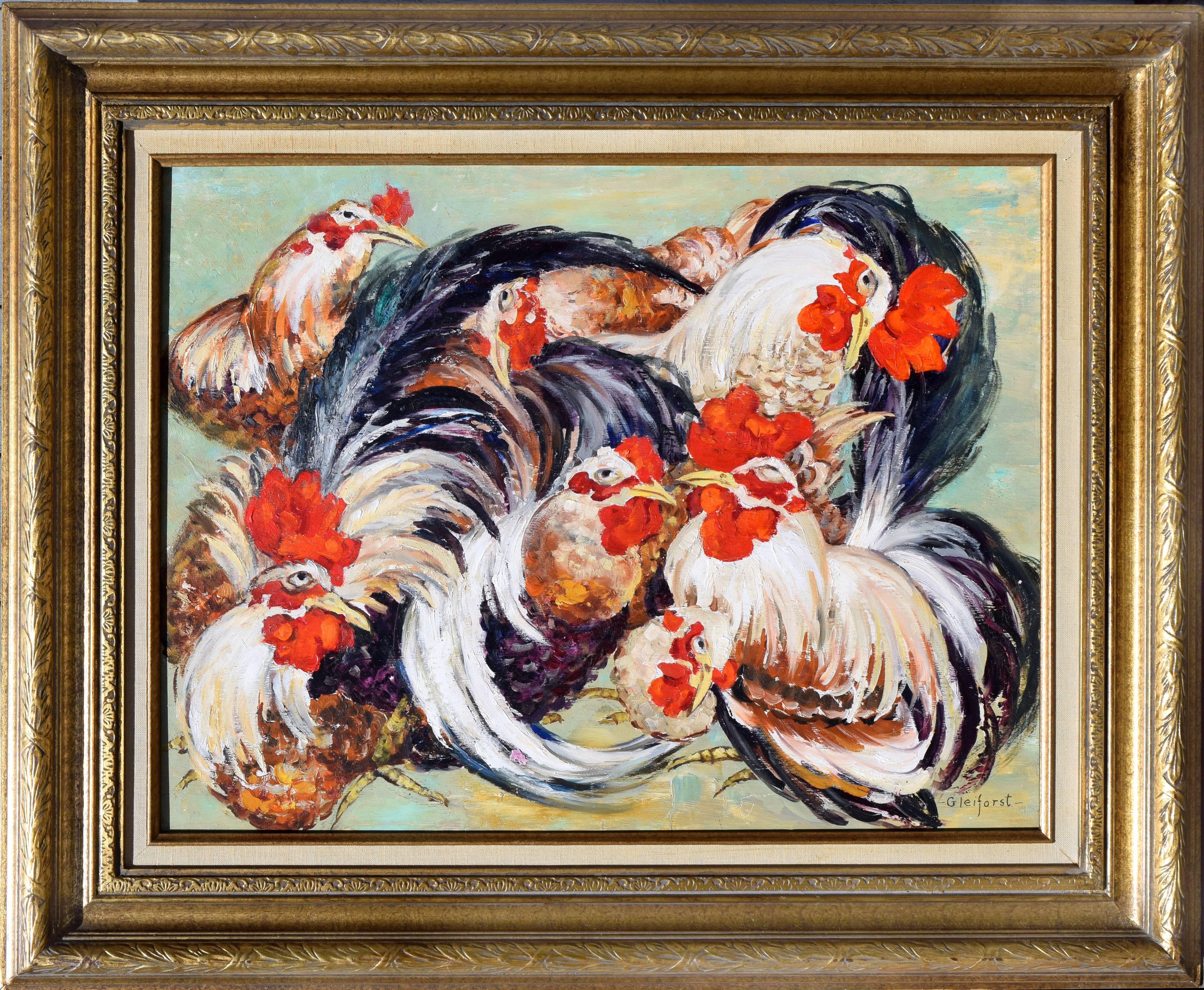 Le Coq Gaulois Peinture, Signée Circa 1950, 18x24 Inches Helen Gleiforst