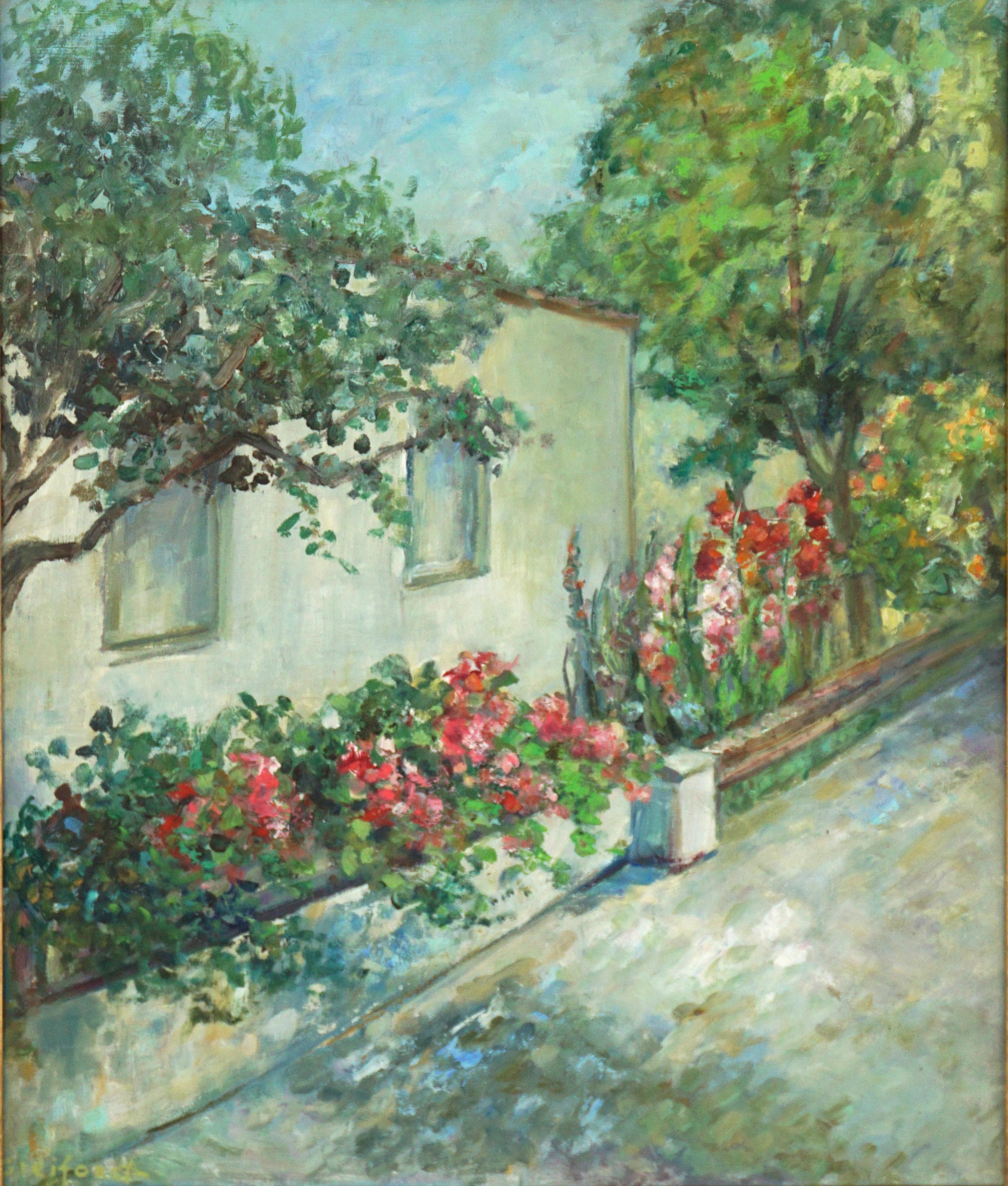 Mid Century Carmel Cottage with Flowers Landscape - Painting by Helen Enoch Gleiforst