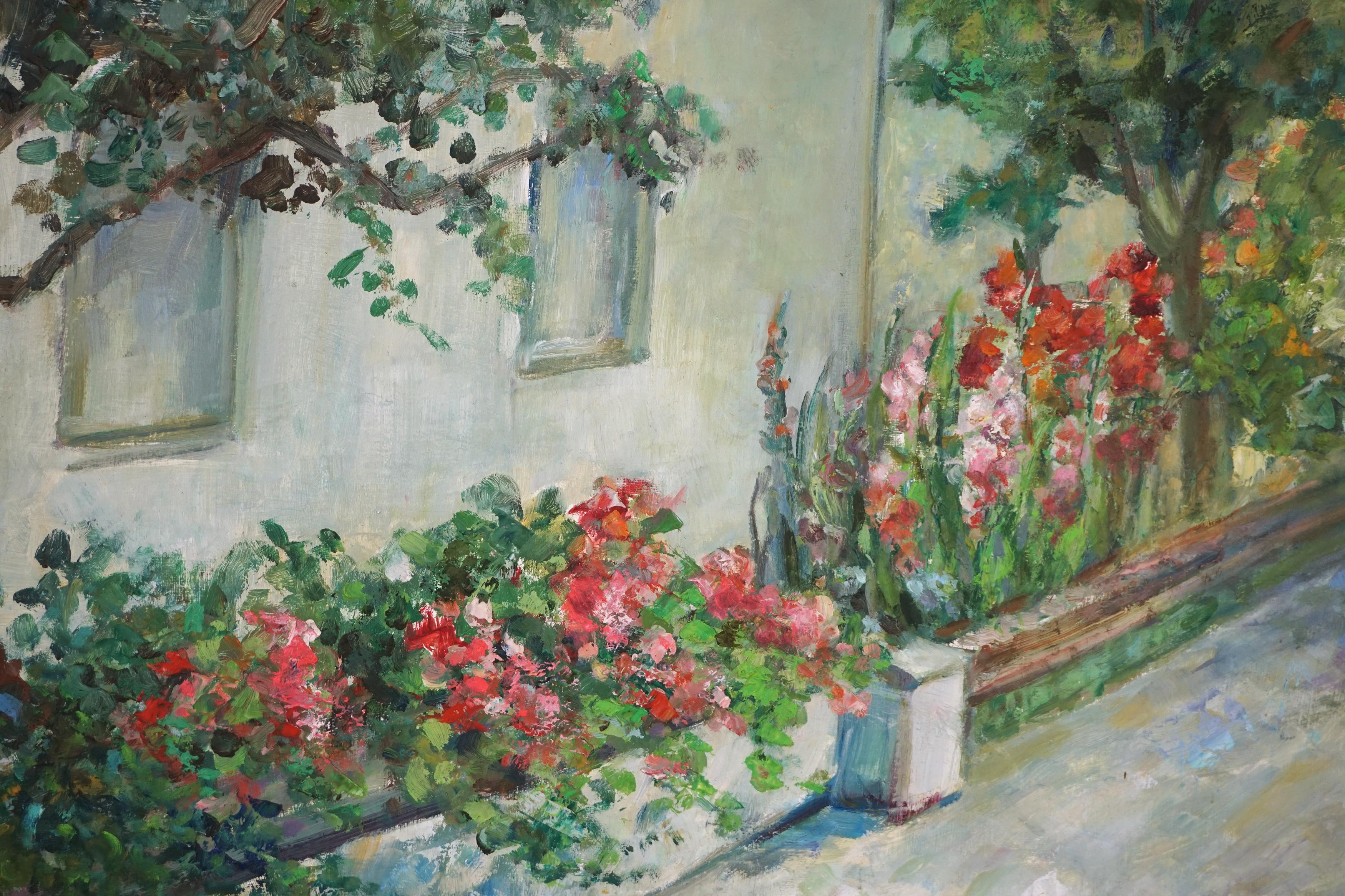 Cottage Carmel avec paysage de fleurs du milieu du siècle dernier - Impressionnisme américain Painting par Helen Enoch Gleiforst