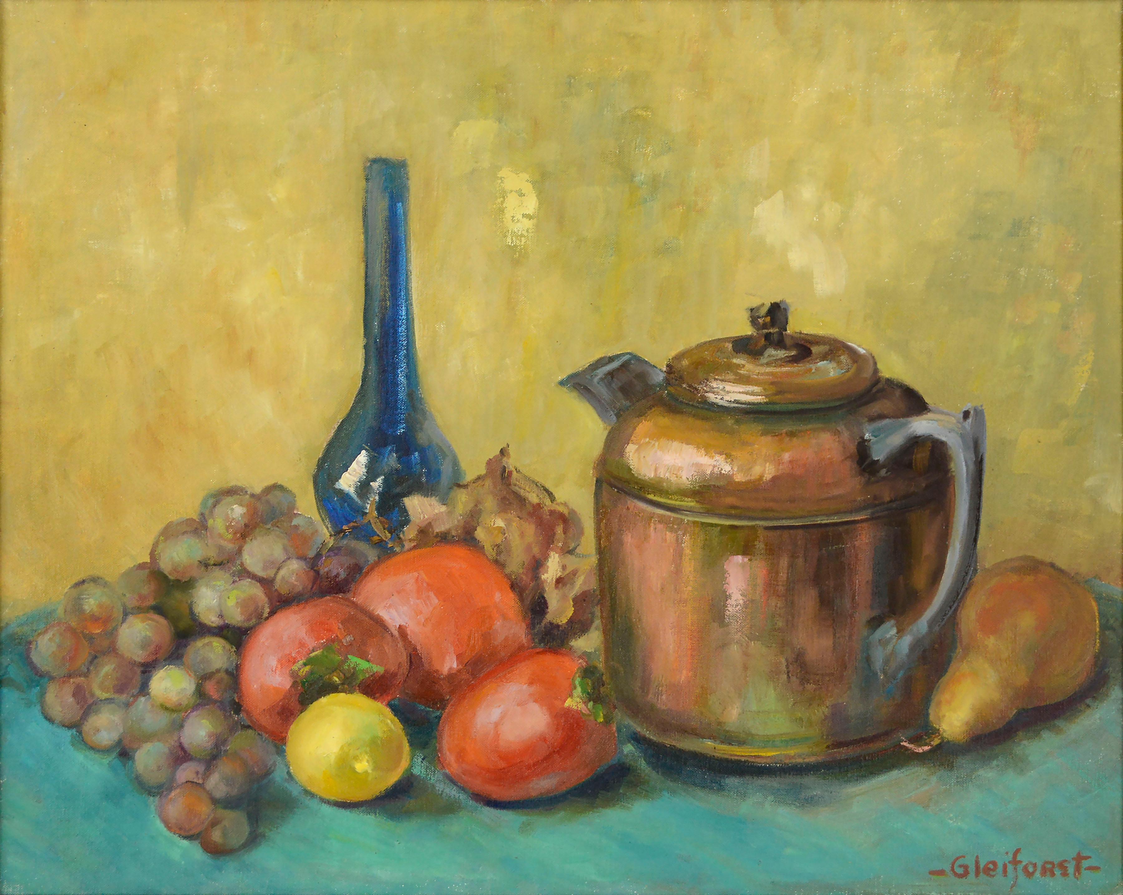 Mid Century Copper Teapot, Vase and Fruit Still Life - Painting by Helen Enoch Gleiforst