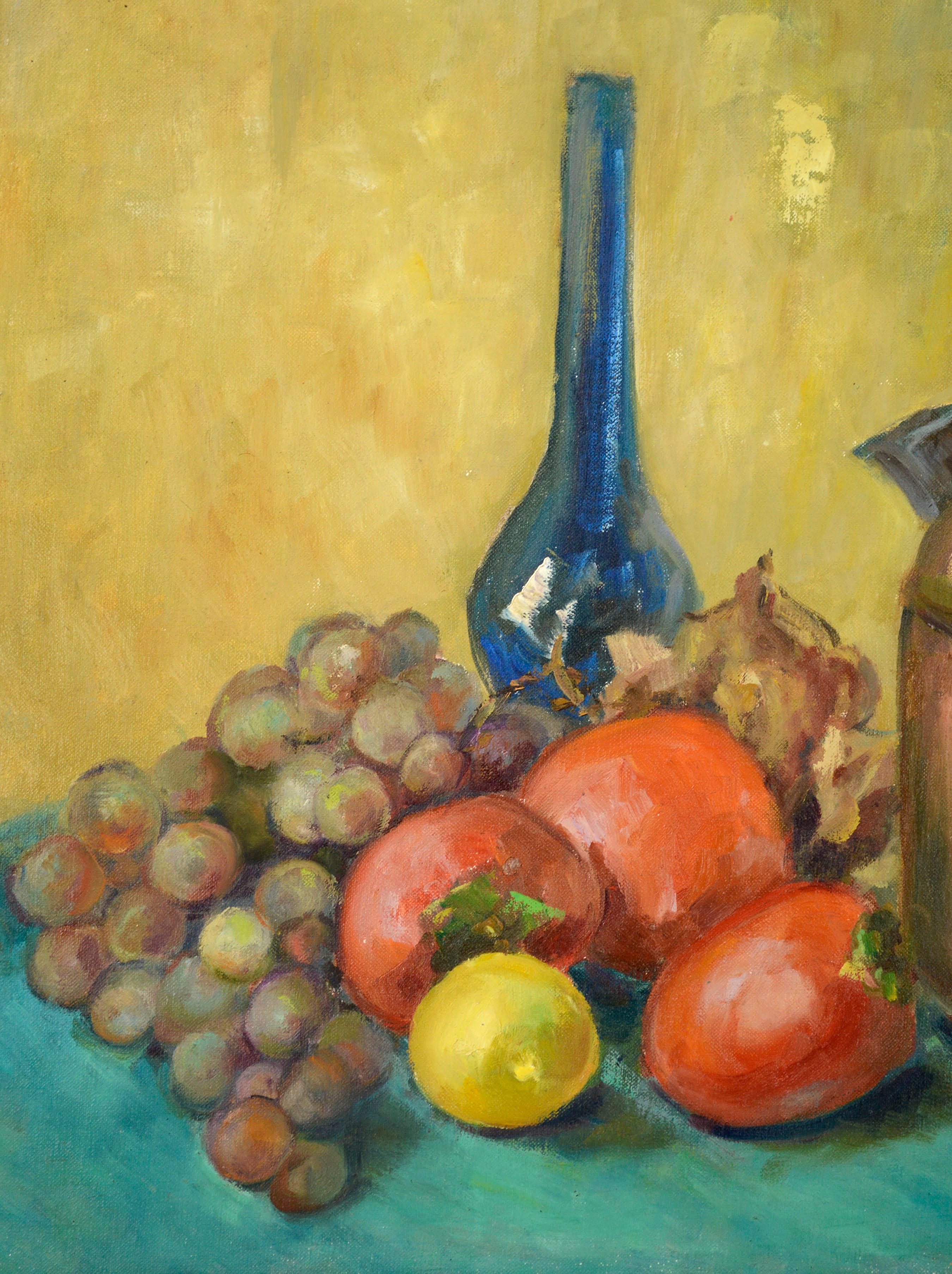 Teiera, vaso e natura morta di frutta in rame della metà del secolo scorso - Still-Life Painting Marrone di Helen Enoch Gleiforst