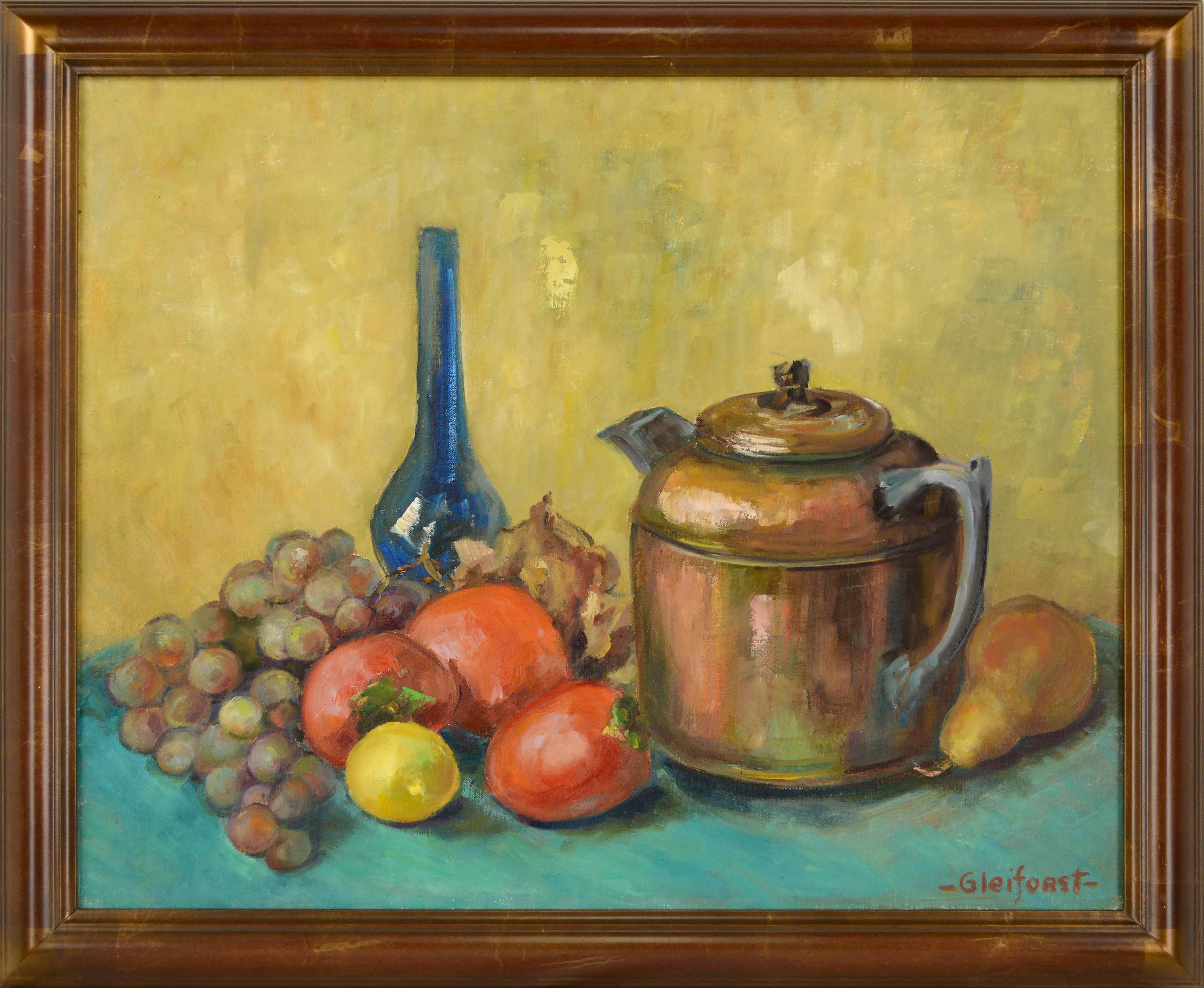 Still-Life Painting Helen Enoch Gleiforst - Nature morte à la théière, au vase et aux fruits en cuivre du milieu du siècle