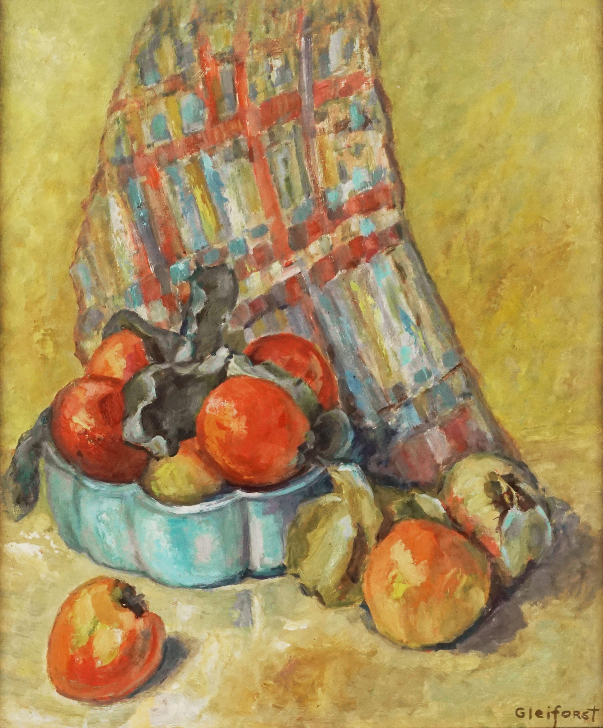 Mid Century Fuji Apples Still Life with Plaid Cloth - Painting by Helen Enoch Gleiforst