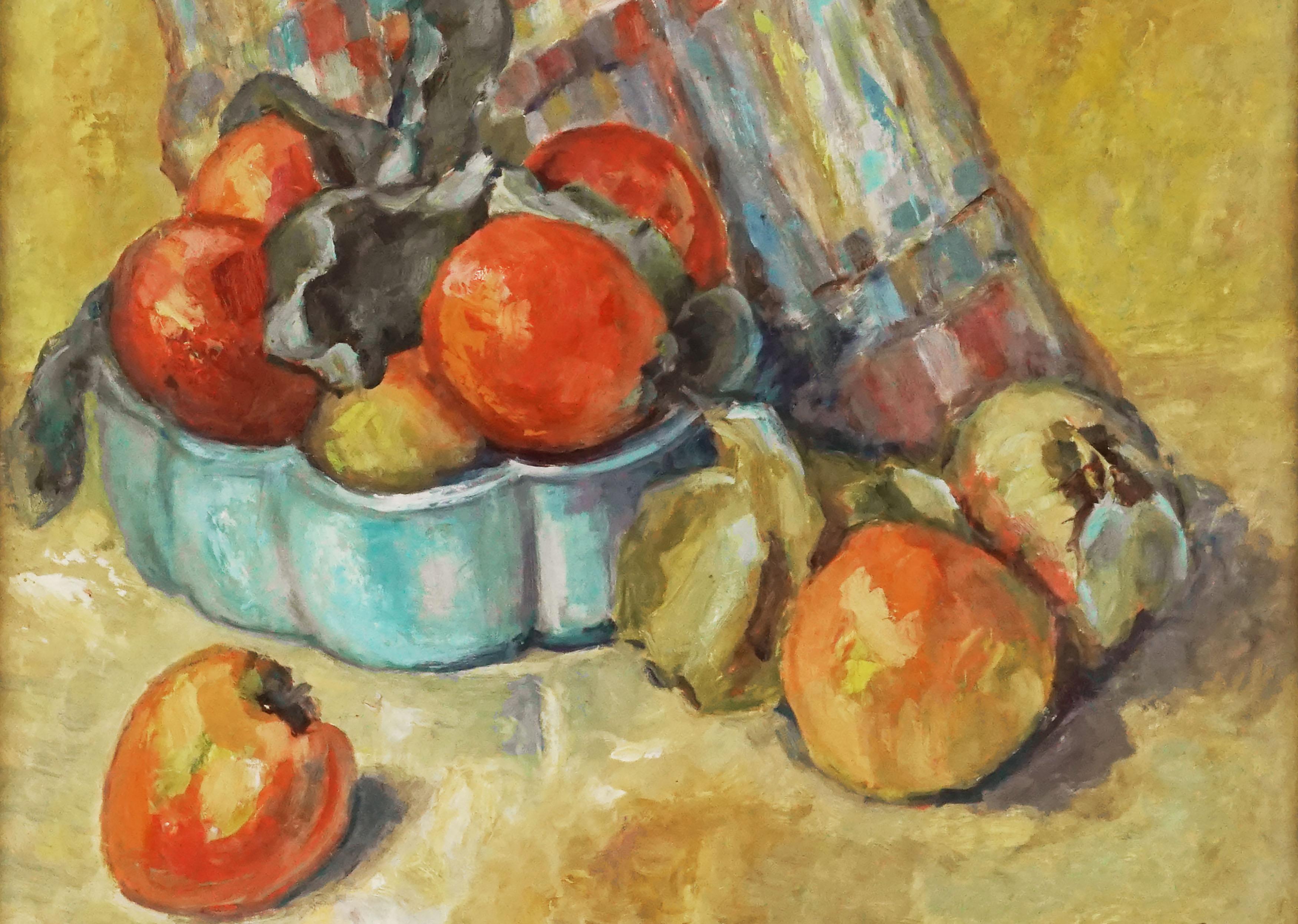 Nature morte de pommes Fuji du milieu du siècle avec tissu à carreaux - Fauvisme Painting par Helen Enoch Gleiforst