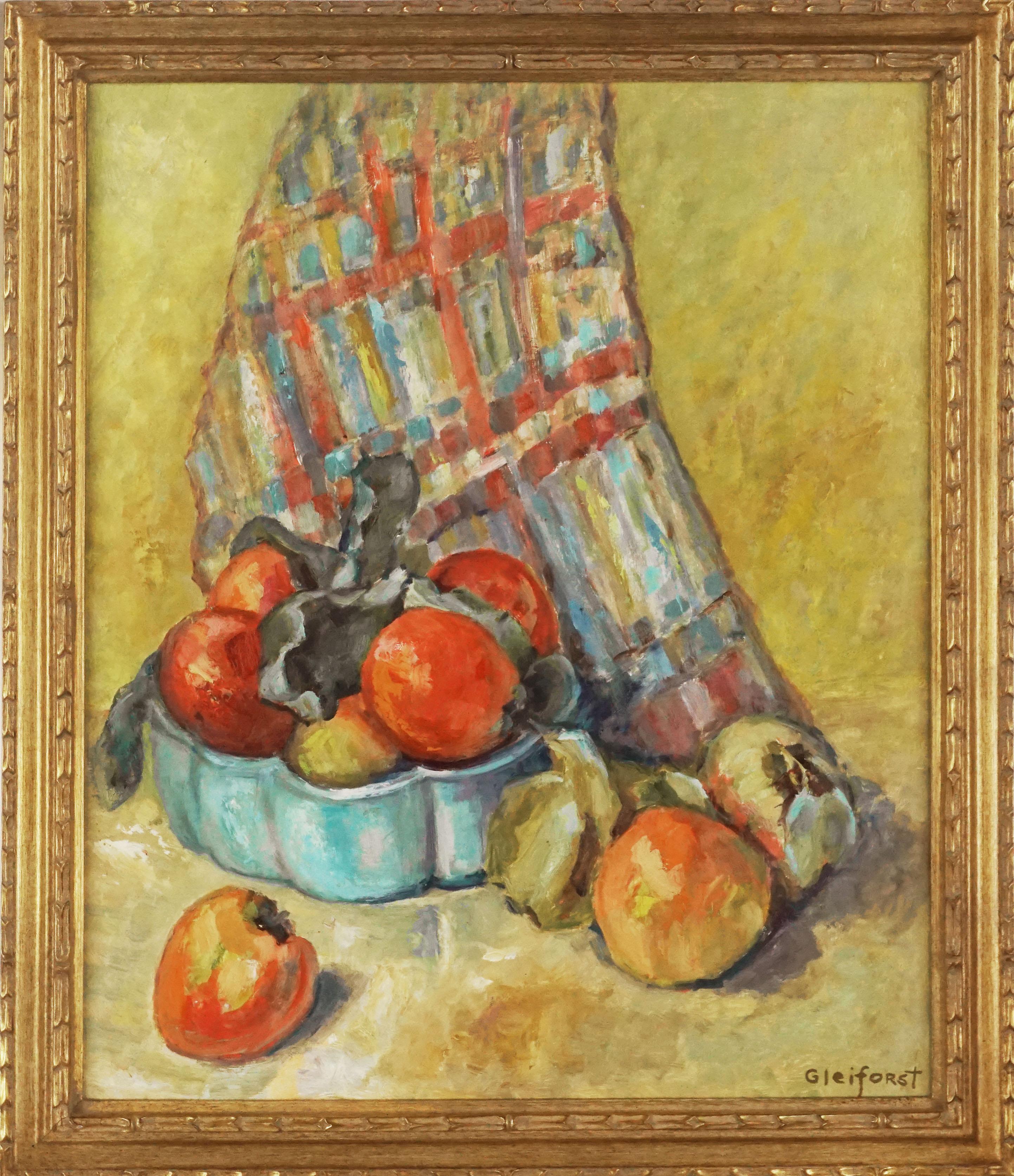 Still-Life Painting Helen Enoch Gleiforst - Nature morte de pommes Fuji du milieu du siècle avec tissu à carreaux