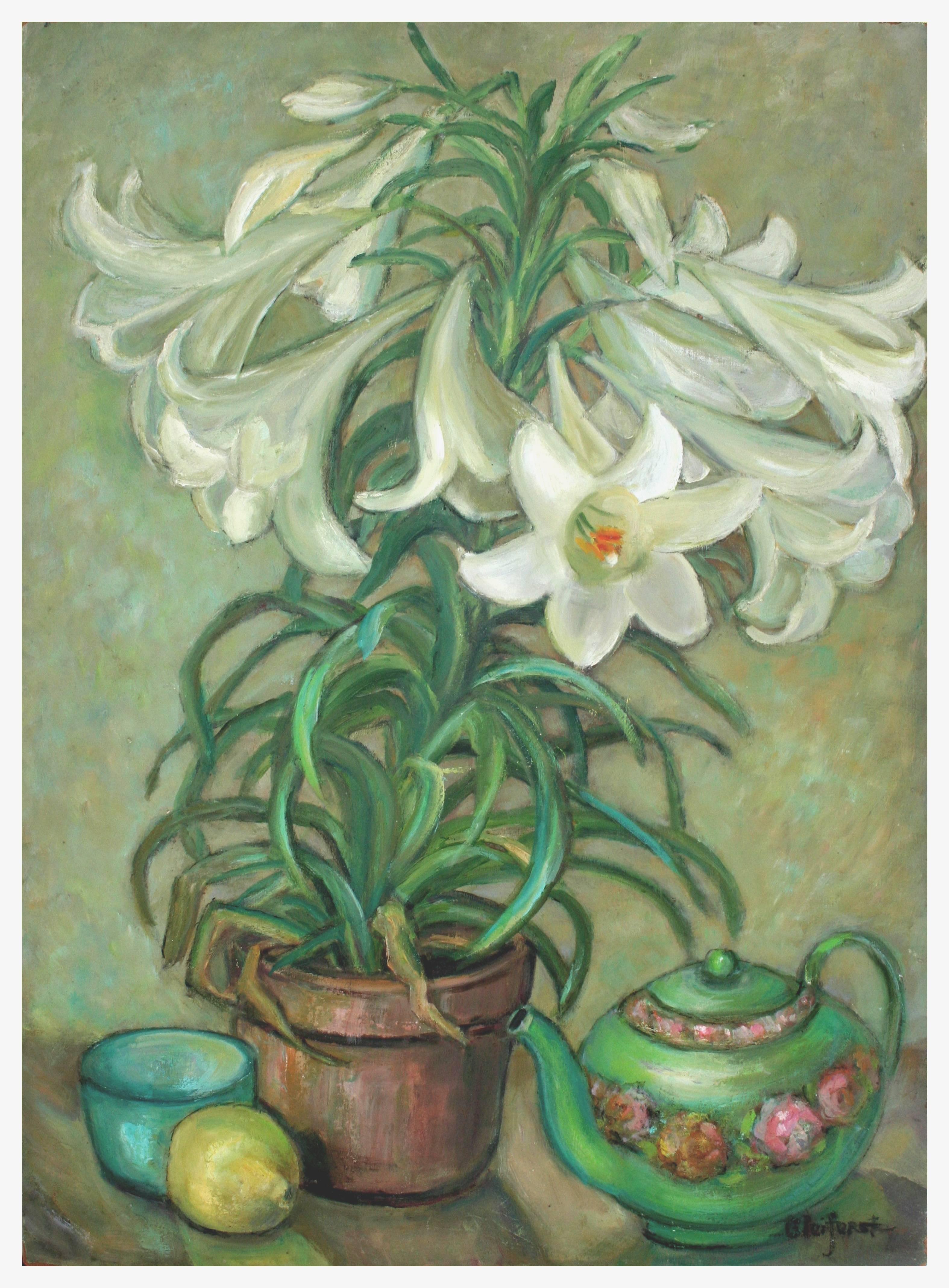 Mid Century Lilien und Teekanne Stillleben in Öl auf Masonit