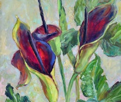 Mid Century Modern Burgundy Calla Lilies in Oil on Masonite