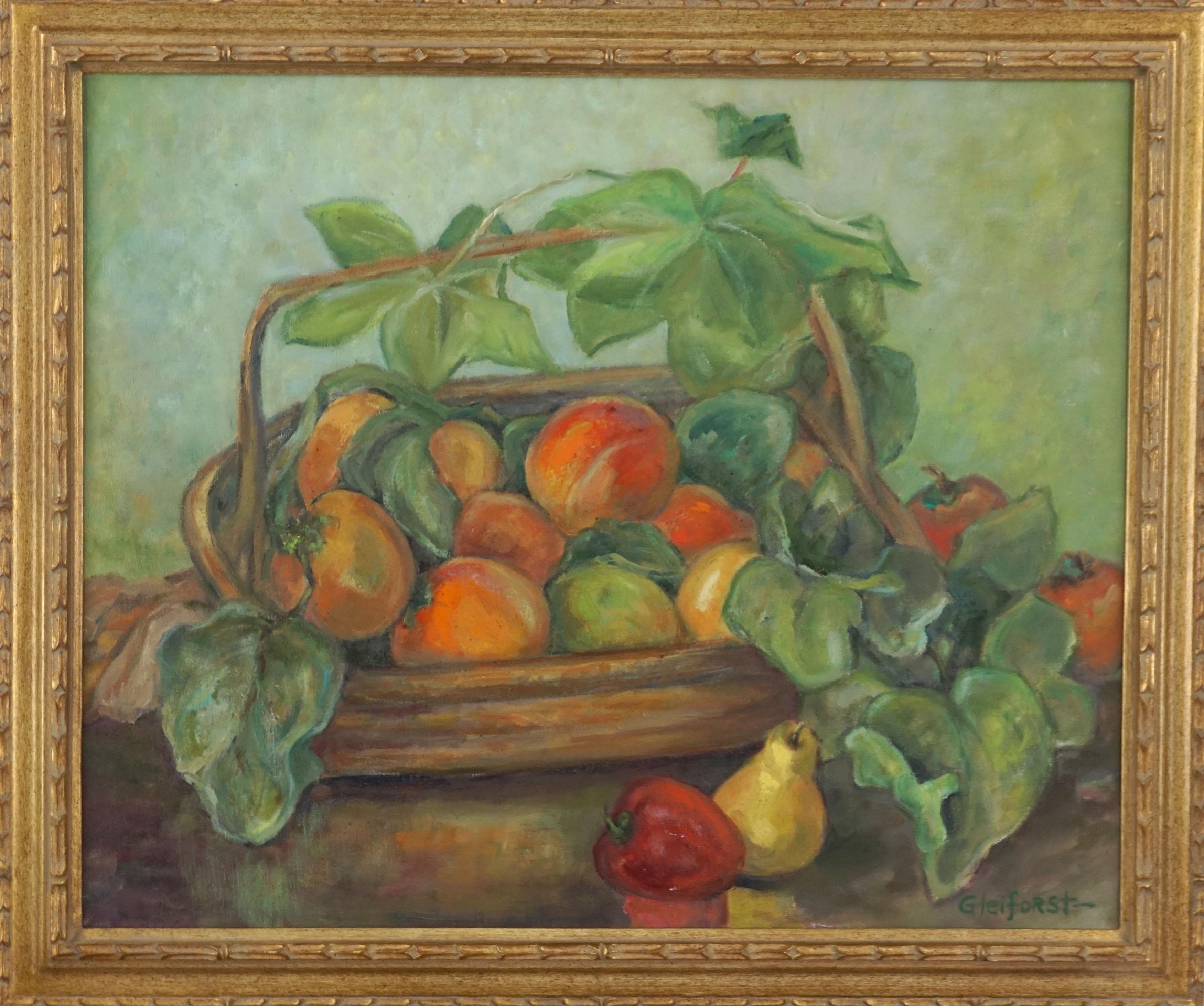 Mid Century Peaches and Pears Basket Still Life - Painting by Helen Enoch Gleiforst