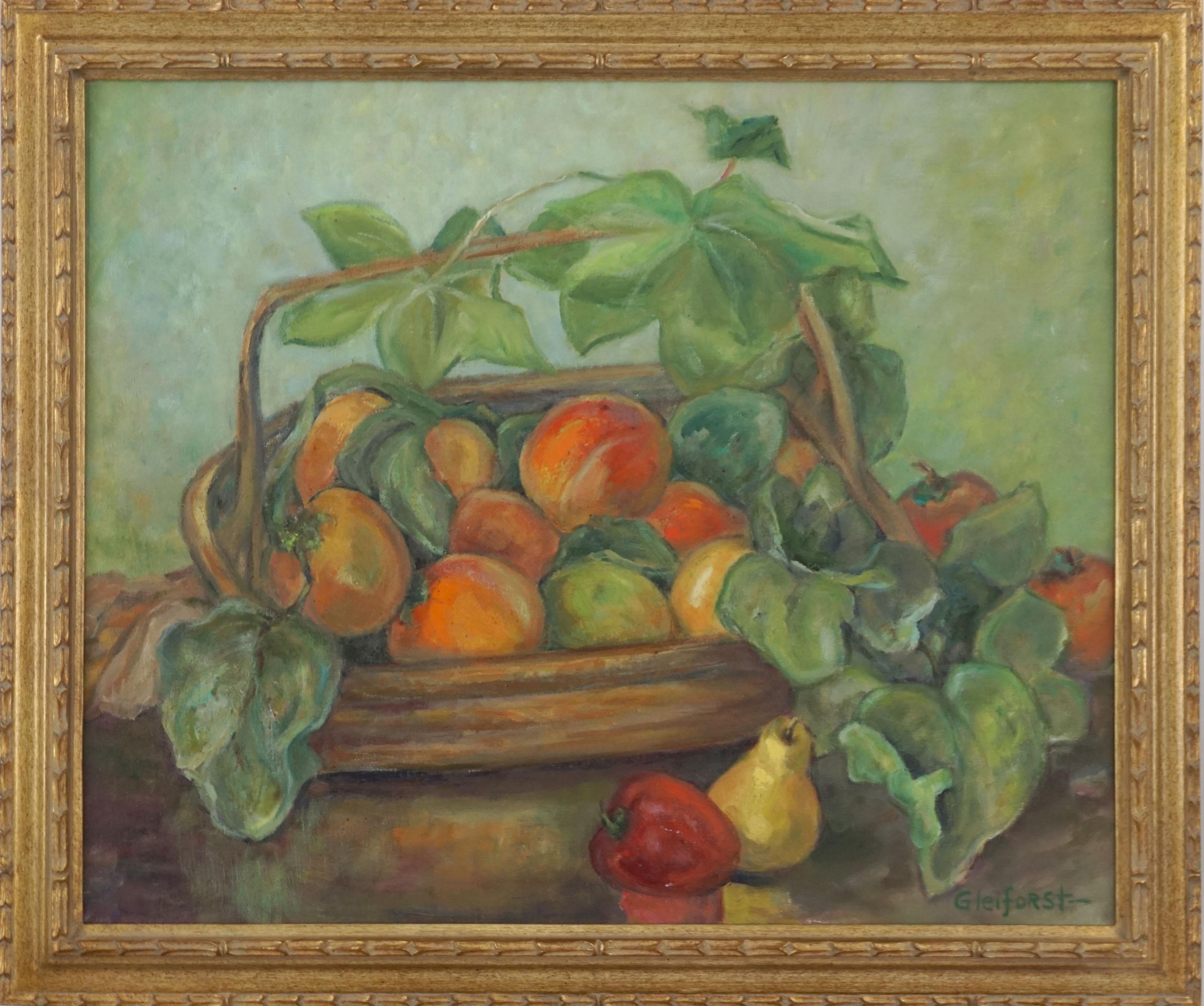 Helen Enoch Gleiforst Still-Life Painting - Mid Century Peaches and Pears Basket Still Life