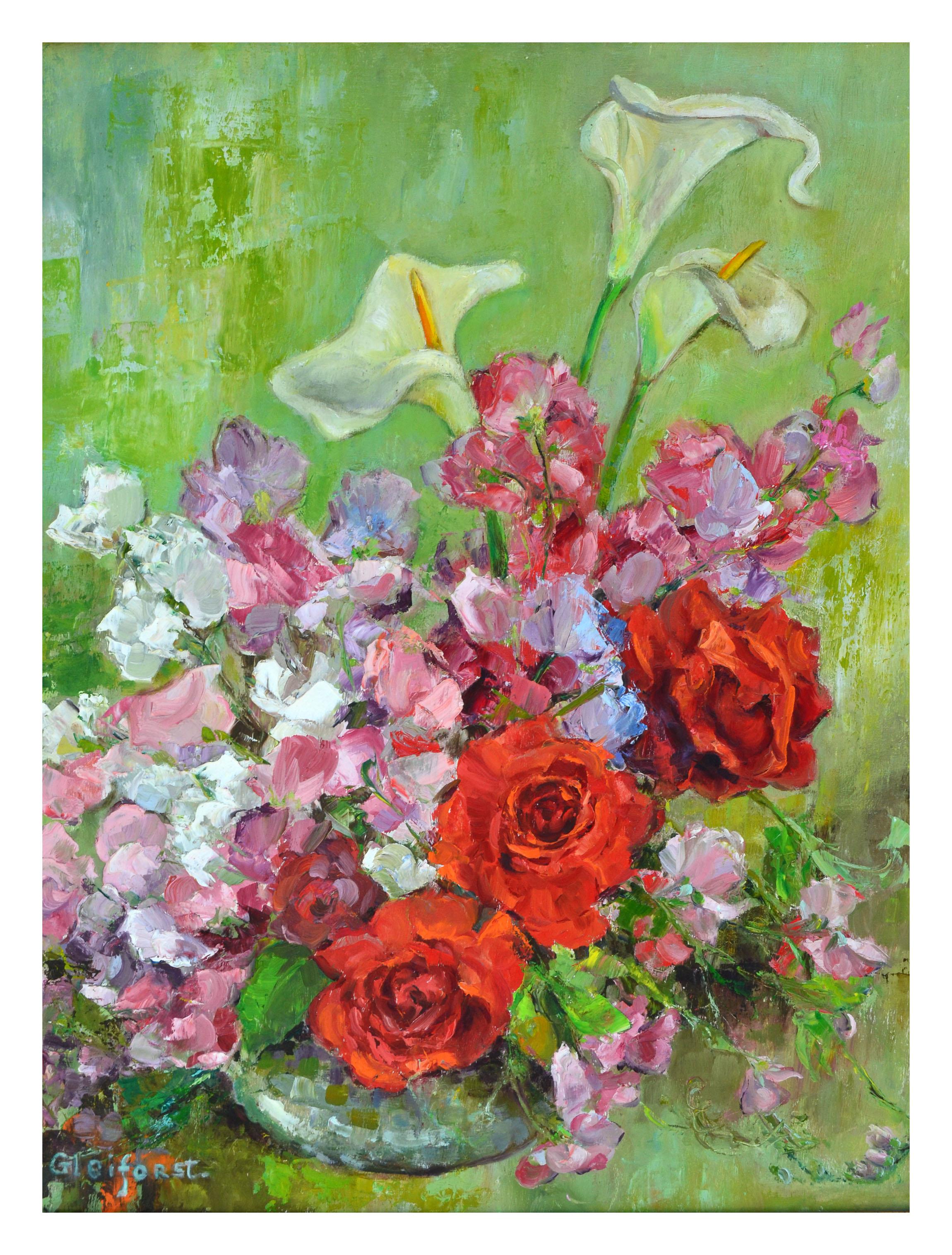 Bodegón de rosas y sweet peas de mediados de siglo - Painting de Helen Enoch Gleiforst