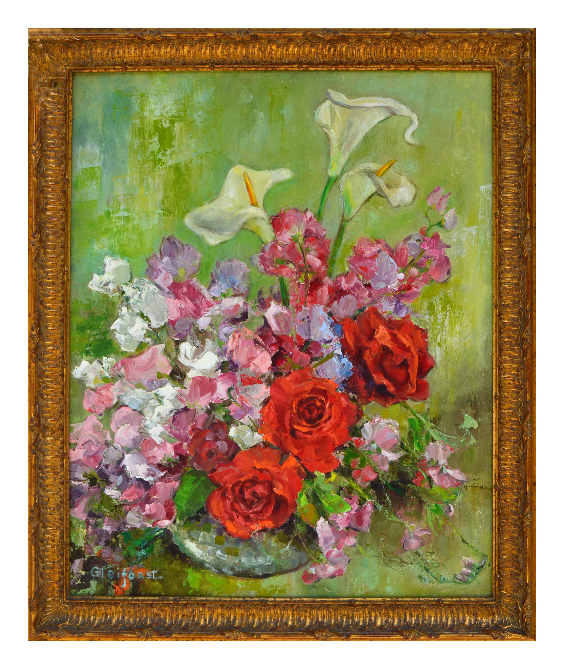 Still-Life Painting de Helen Enoch Gleiforst - Bodegón de rosas y sweet peas de mediados de siglo