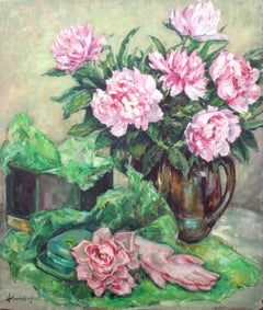 Mid Century Spring Garden Still-Life Peonies and Garden Gloves