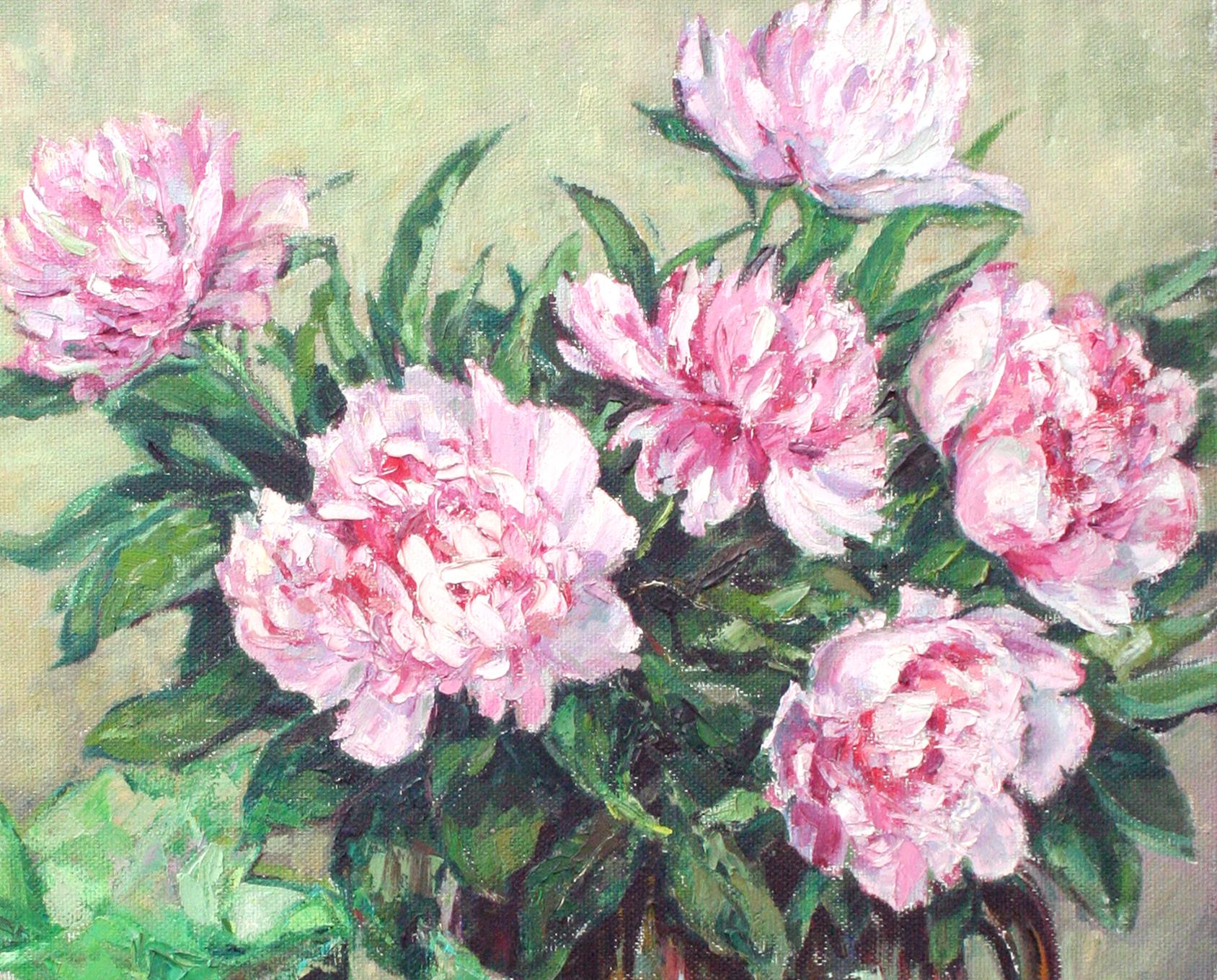 Mid Century Spring Garden Still-Life Peonies and Garden Gloves - American Impressionist Painting by Helen Enoch Gleiforst