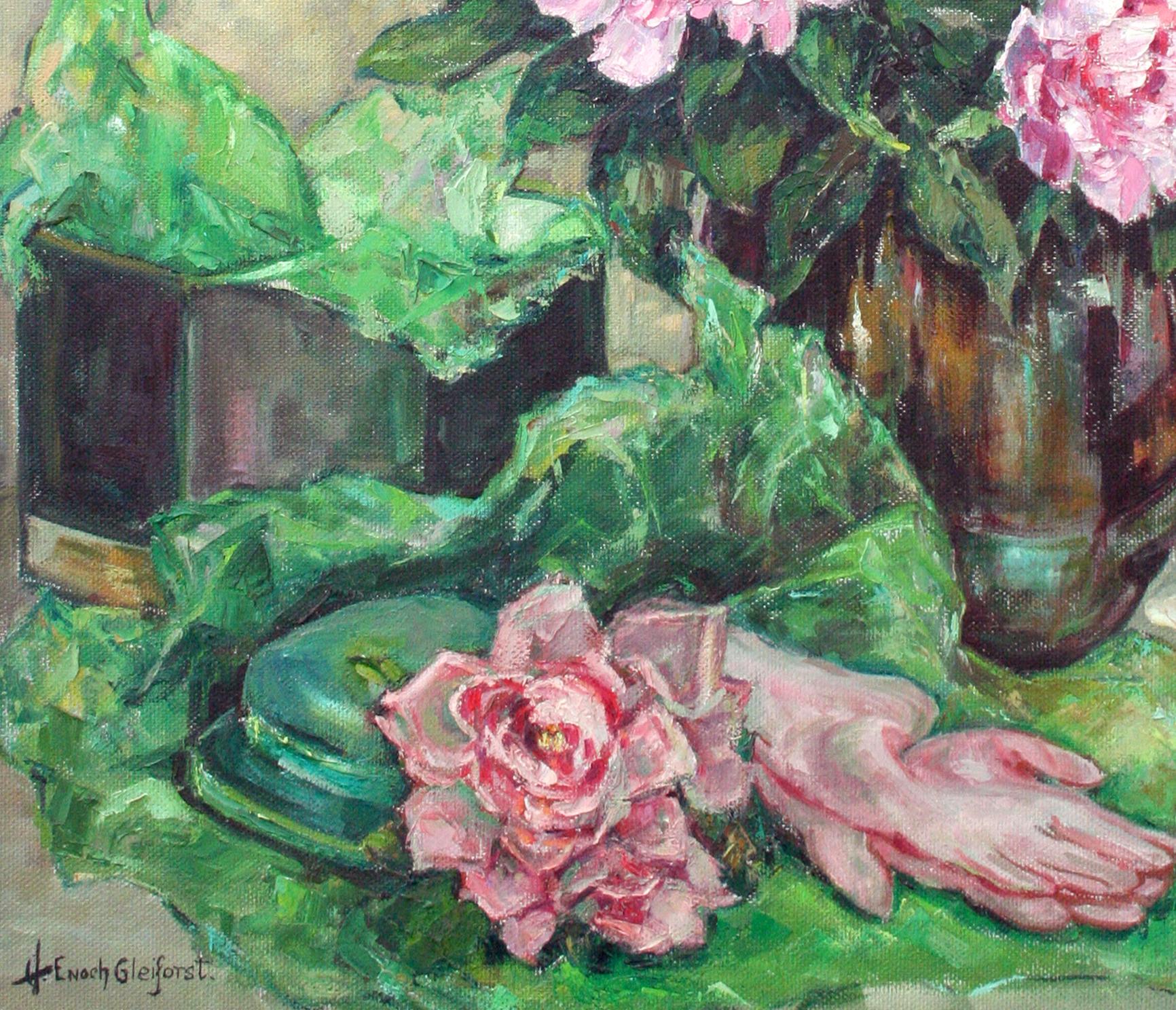 Wunderschönes und lebhaftes Frühlingsgartenstillleben aus der Mitte des Jahrhunderts mit einer Vase mit rosa Pfingstrosen und einem Paar Gartenhandschuhen im Vordergrund von der aufgeführten Künstlerin Helen Gleiforst (Amerikanerin, 1903-1997).