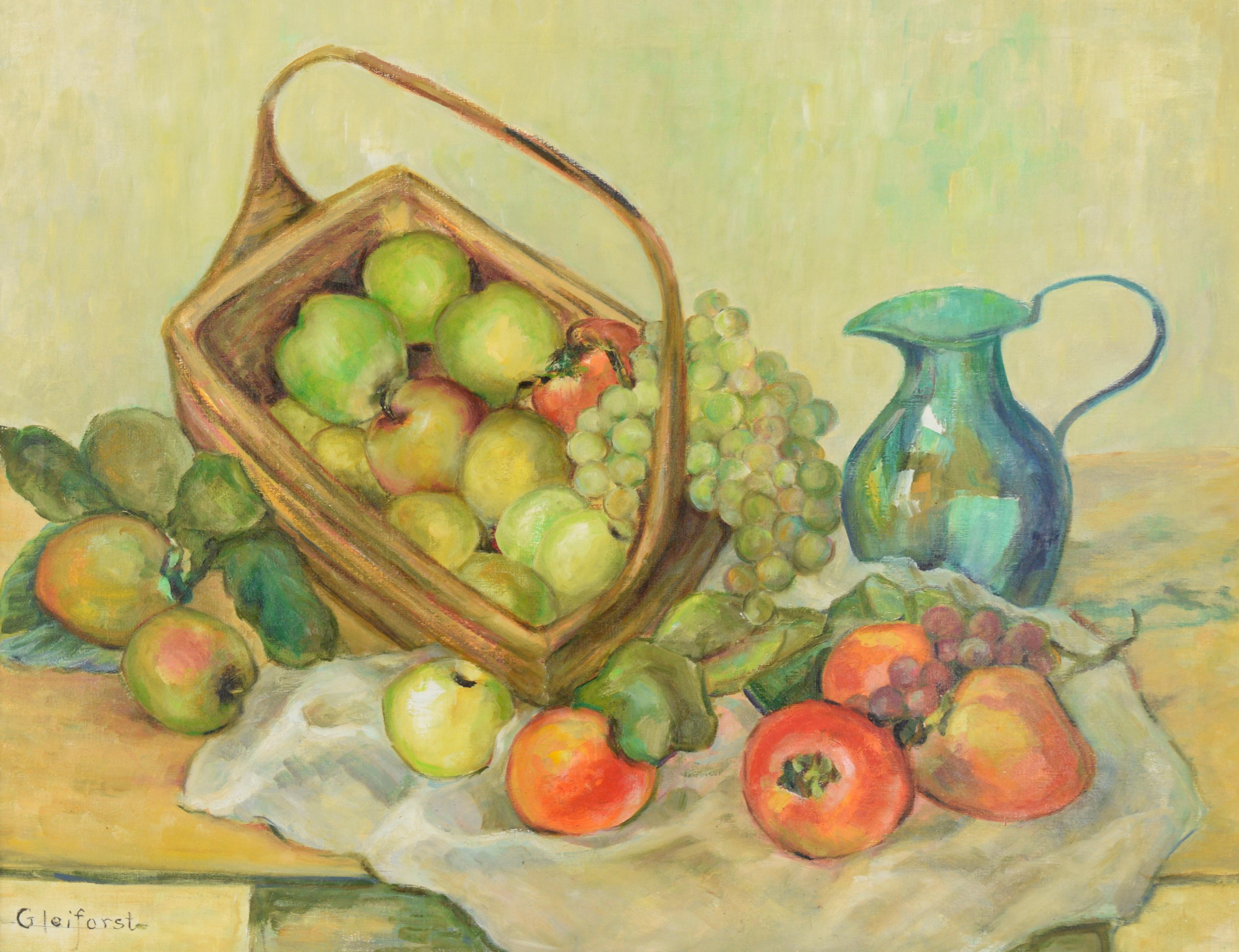 Mid Century Turquoise Pitcher and Fruit Basket Still Life  - Painting by Helen Enoch Gleiforst