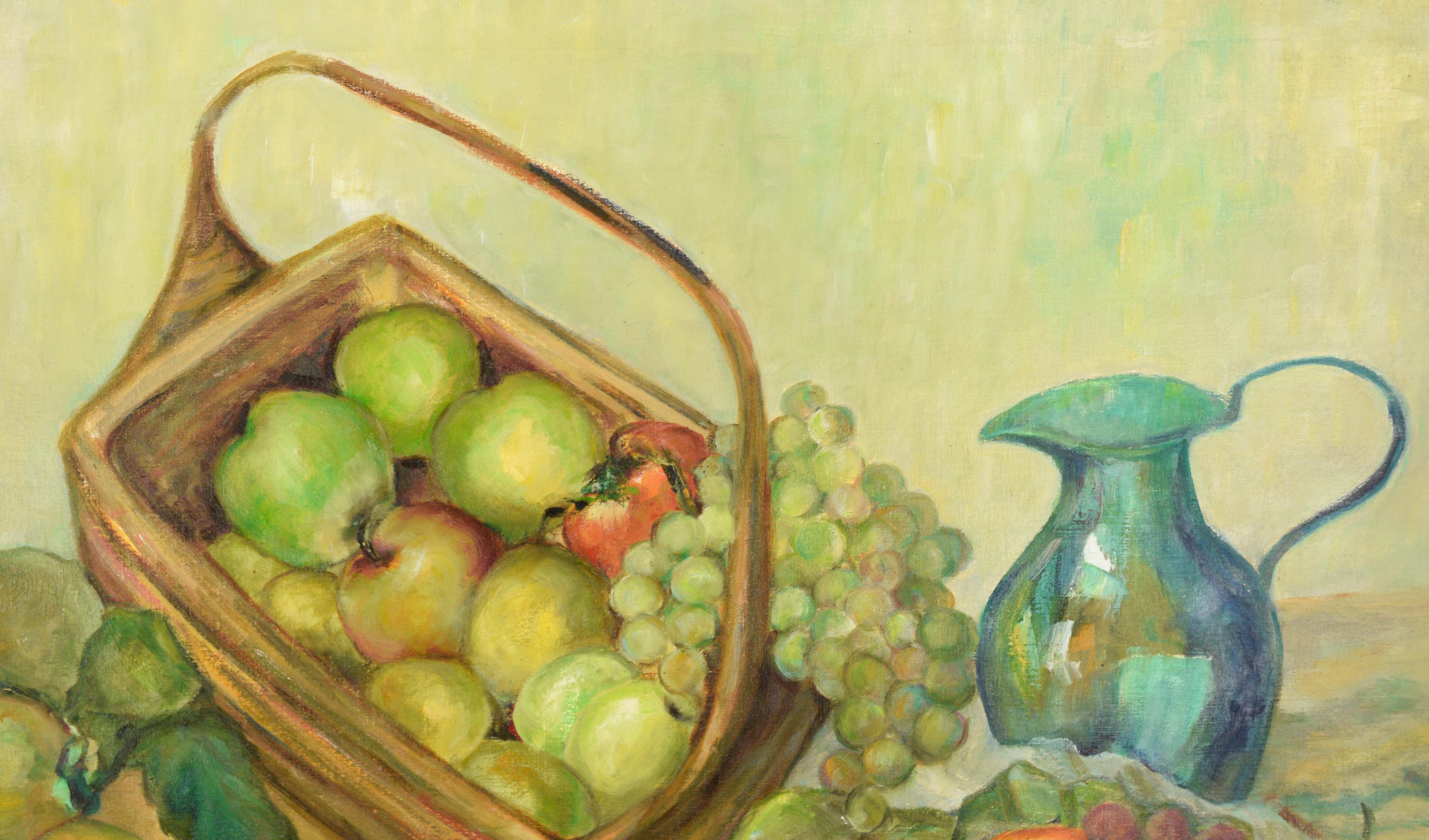 Mid Century Turquoise Pitcher and Fruit Basket Still Life  - Brown Still-Life Painting by Helen Enoch Gleiforst