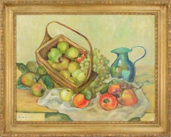 Mid Century Turquoise Pitcher and Fruit Basket Still Life 