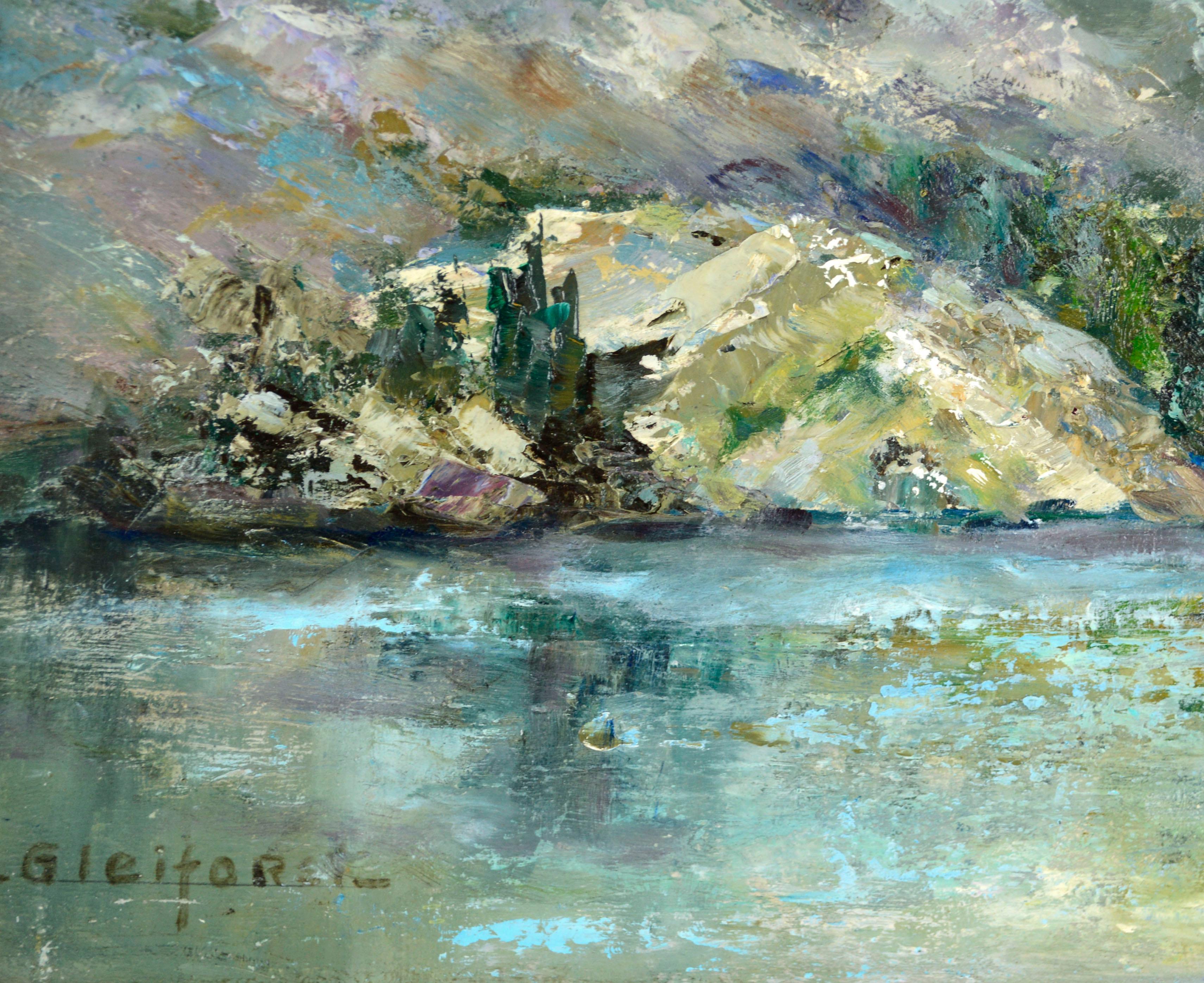 Magnifique paysage du milieu du siècle représentant le lac Upper Young et Ragged Peak dans le parc national de Yosemite, réalisé par Helen Enoch Gleiforst (Américaine, 1903-1997). L'artiste utilise des empâtements texturaux dans une palette de