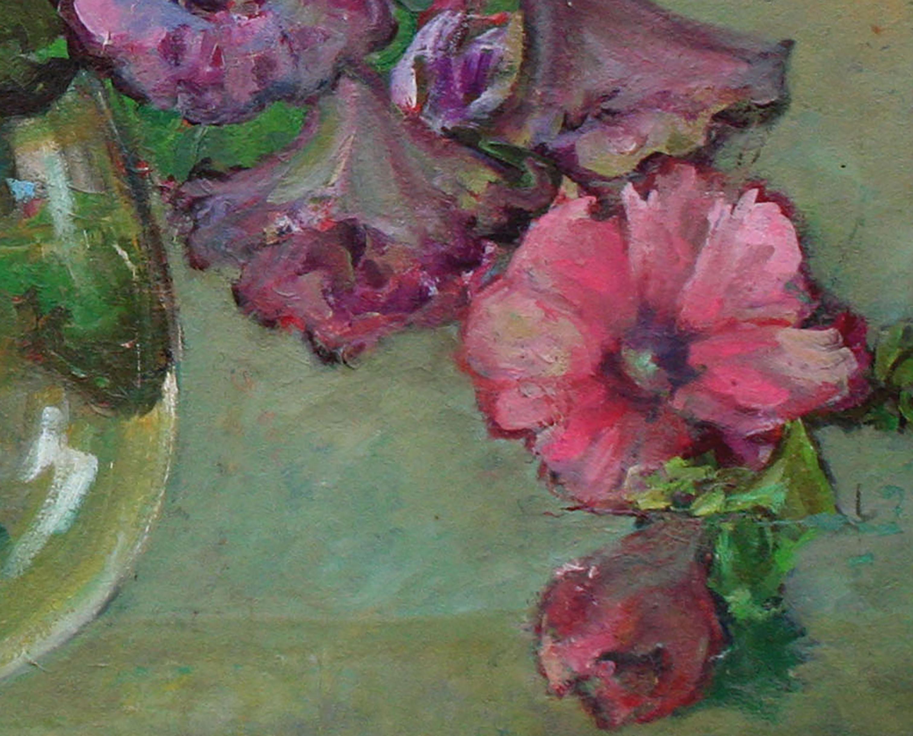 Charming Mid Century still life of pink, purple, and white petunias in a skillfully rendered translucent glass by listed California artist Helen Gleiforst (American, 1903-1997), c.1950. Signed 