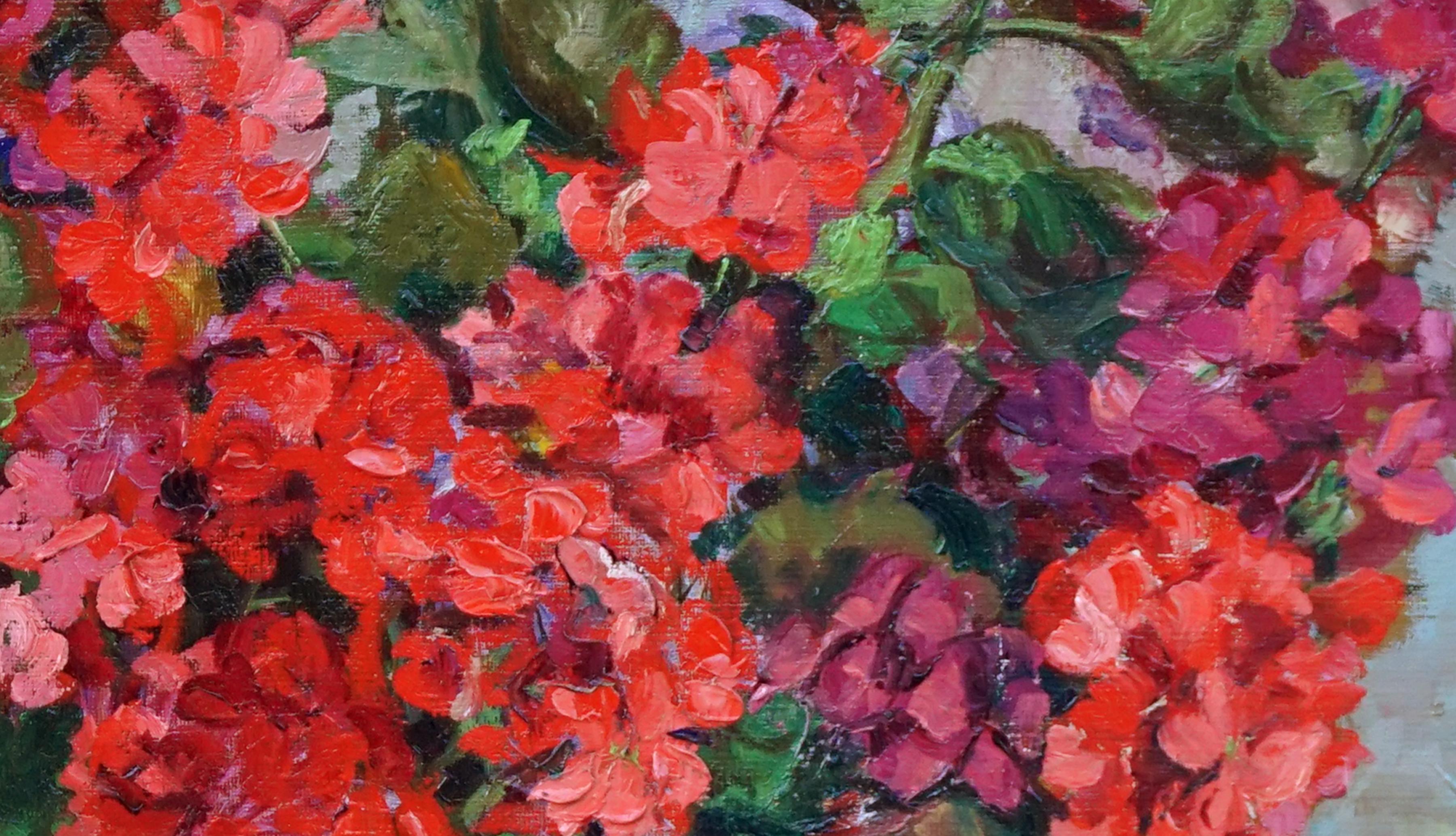 Red Geraniums in Copper Cache Pot w/Hall Water Pitcher - Painting by Helen Enoch Gleiforst