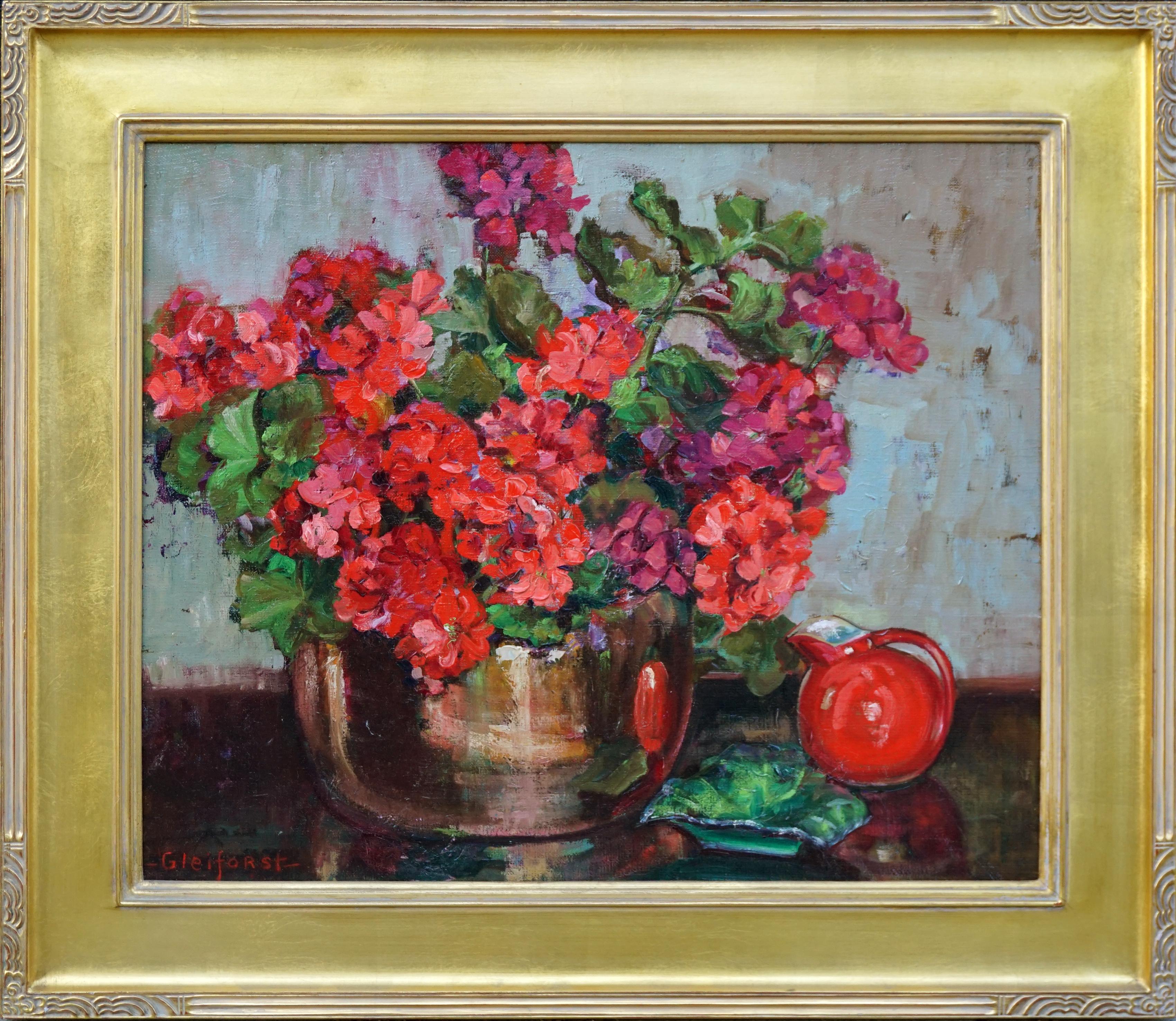 Helen Enoch Gleiforst Still-Life Painting - Red Geraniums in Copper Cache Pot w/Hall Water Pitcher