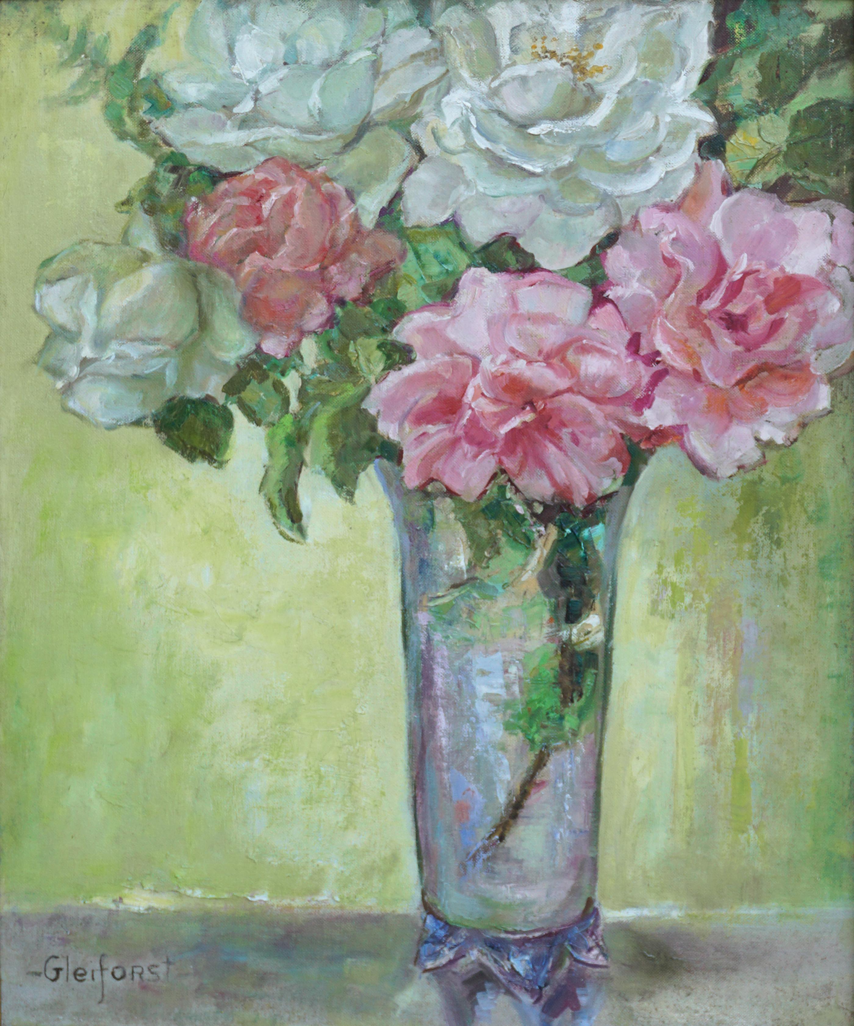Mid Century Pink & White Roses in Crystal Vase Still-Life - Painting by Helen Enoch Gleiforst