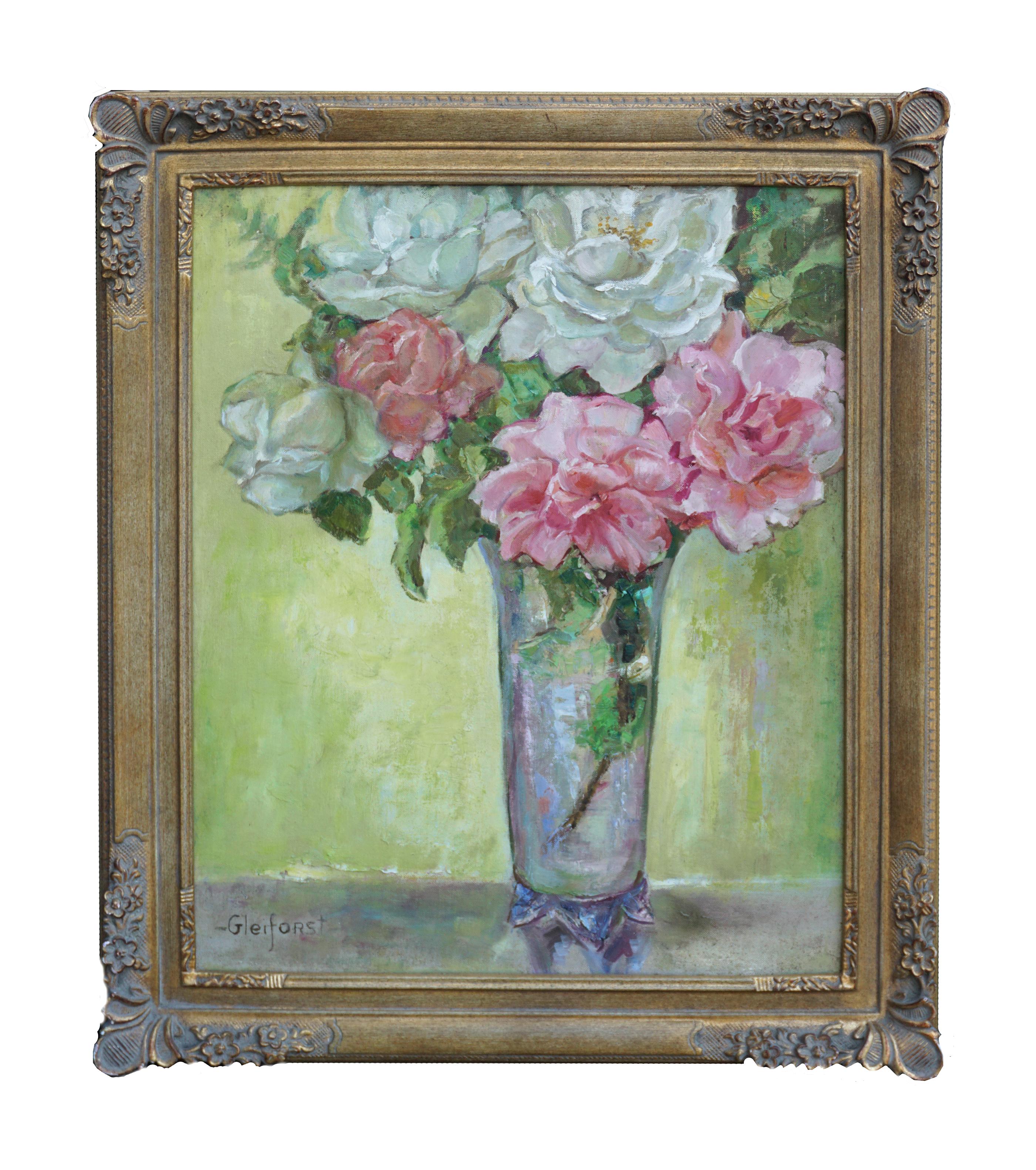 Mid Century Pink & White Roses in Crystal Vase Still-Life