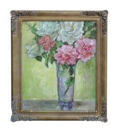 Mid Century Pink & White Roses in Crystal Vase Still-Life