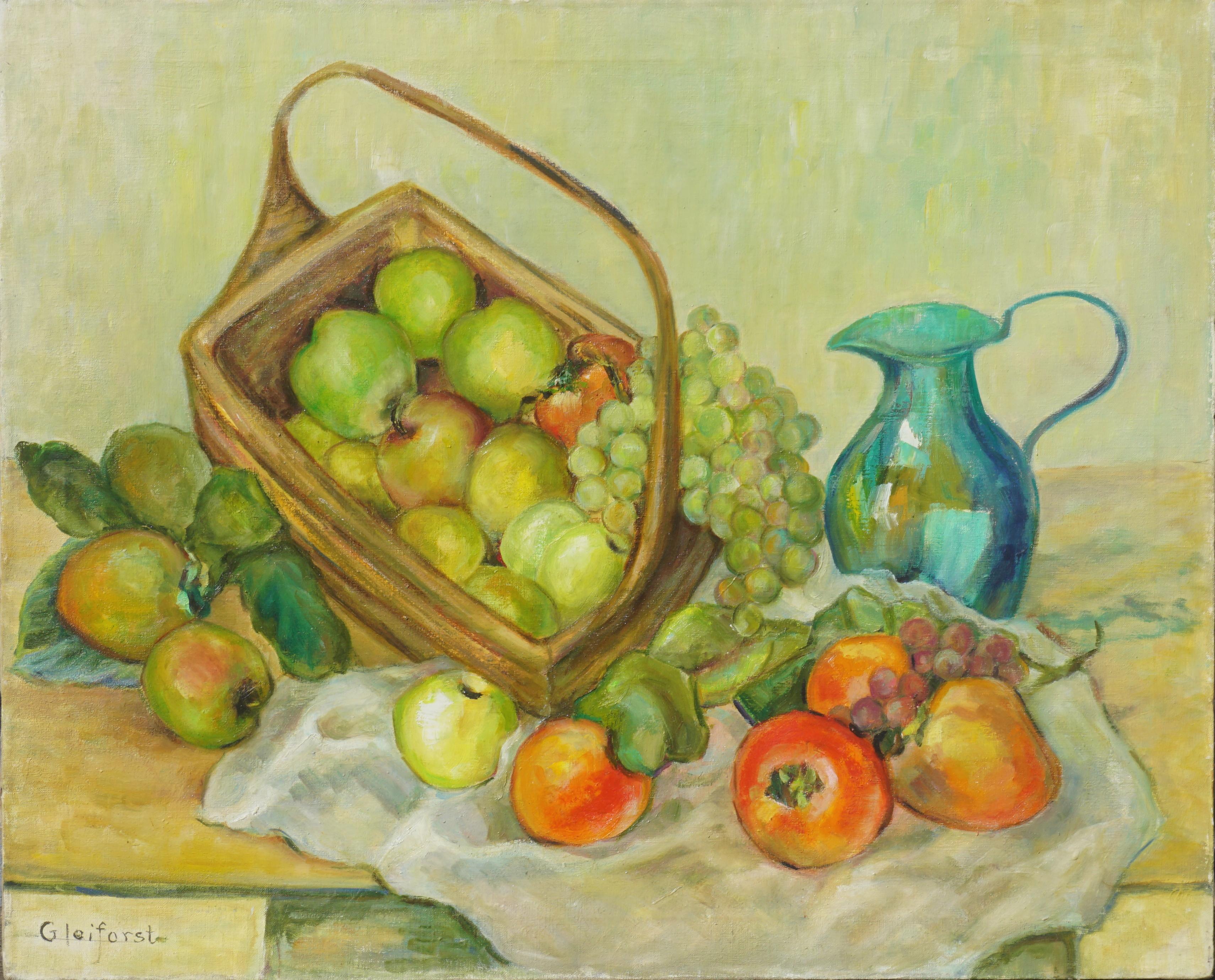 Helen Enoch Gleiforst Still-Life Painting - Mid Century Turquoise Pitcher & Fruit Basket Still Life 