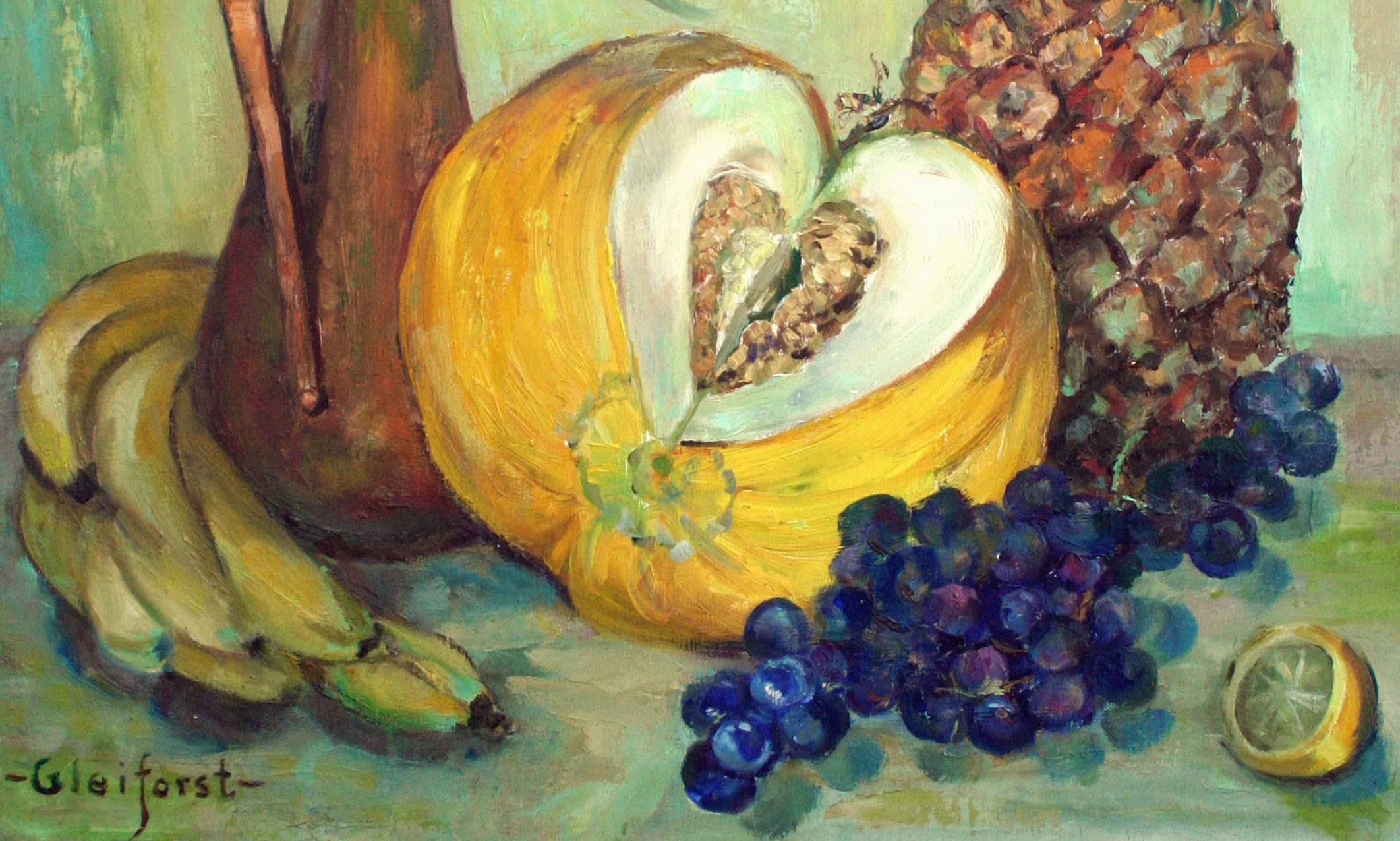 Vase of Strawflowers & Fruit, Mid Century Still Life - American Impressionist Painting by Helen Enoch Gleiforst
