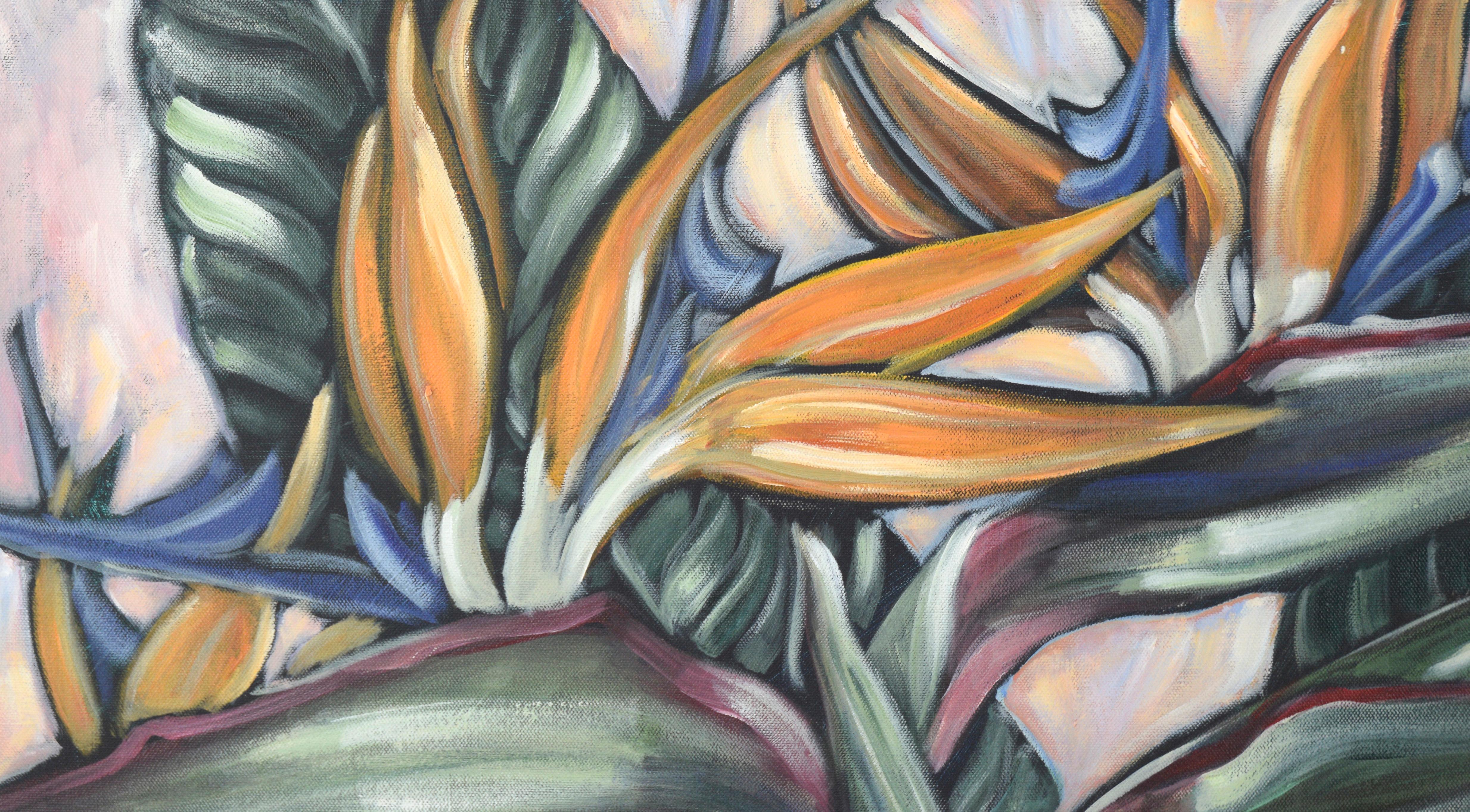 Modernist tropical flower still life of Birds of Paradise (Strelitzia) painting in acrylic on canvas —  “Five Birds”

Striking modernist style still life of tropical Bird of Paradise by Helen Evensen (American, 20th Century), 2000. Several Birds of