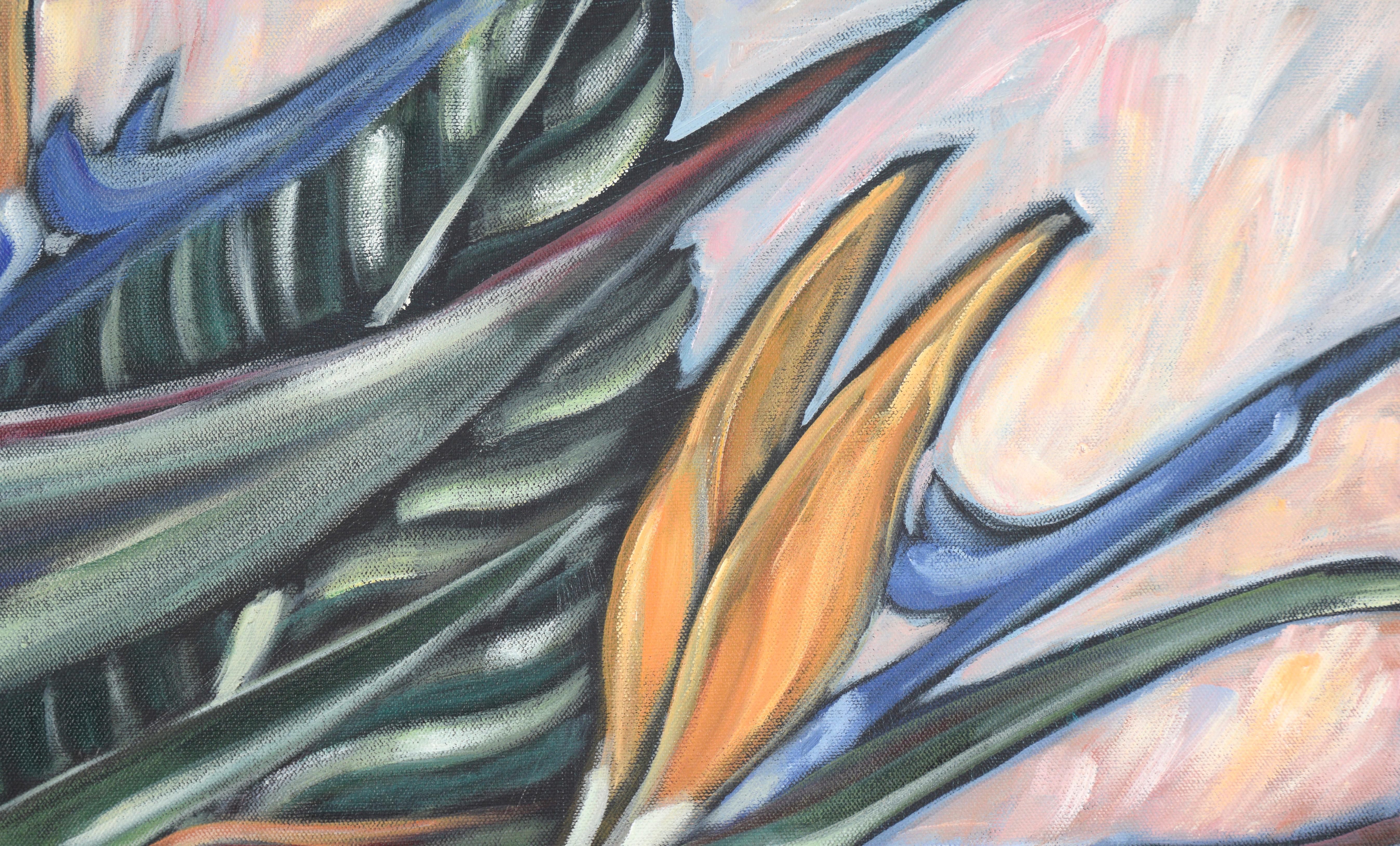 Modernist tropische Blume Stillleben der Paradiesvögel (Strelitzia) Malerei in Acryl auf Leinwand -  