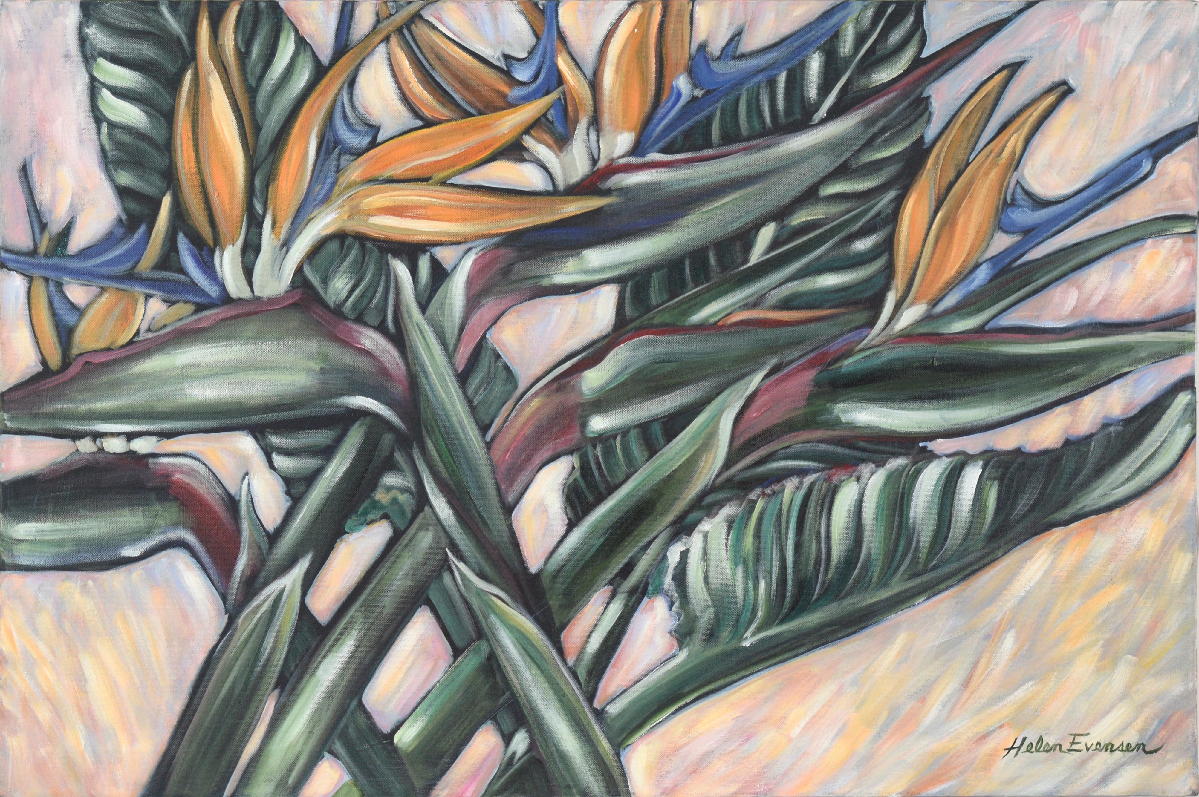 Helen Evensen Still-Life Painting - Modernist Tropical Birds of Paradise Still Life Painting