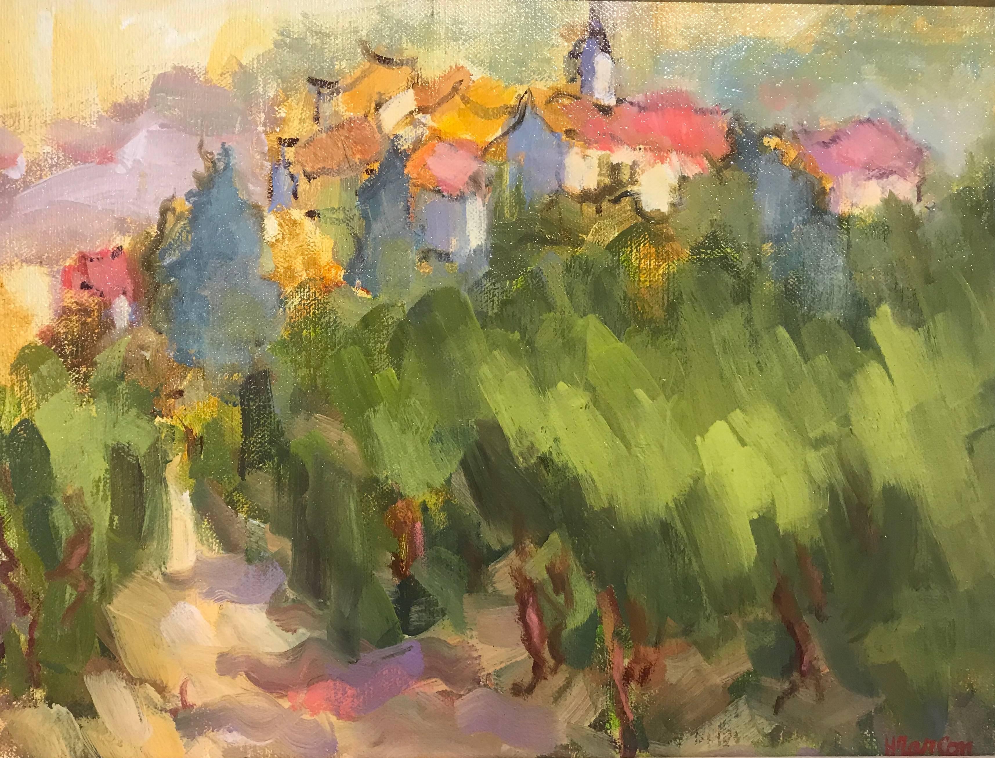 'Village du Vignoble' is a petite Impressionist French Provençal landscape painting created by artist Helen Farson in 2018. Featuring a palette made of bright colors such as green, pink and orange tones, the painting depicts in a manner leaning