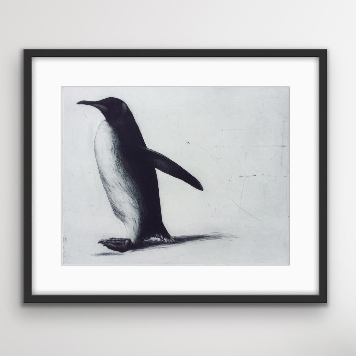 Forwards!, Penguin Art, Contemporary Mononchrome Animal Art, Black and White Art - Gray Still-Life Print by Helen Fay