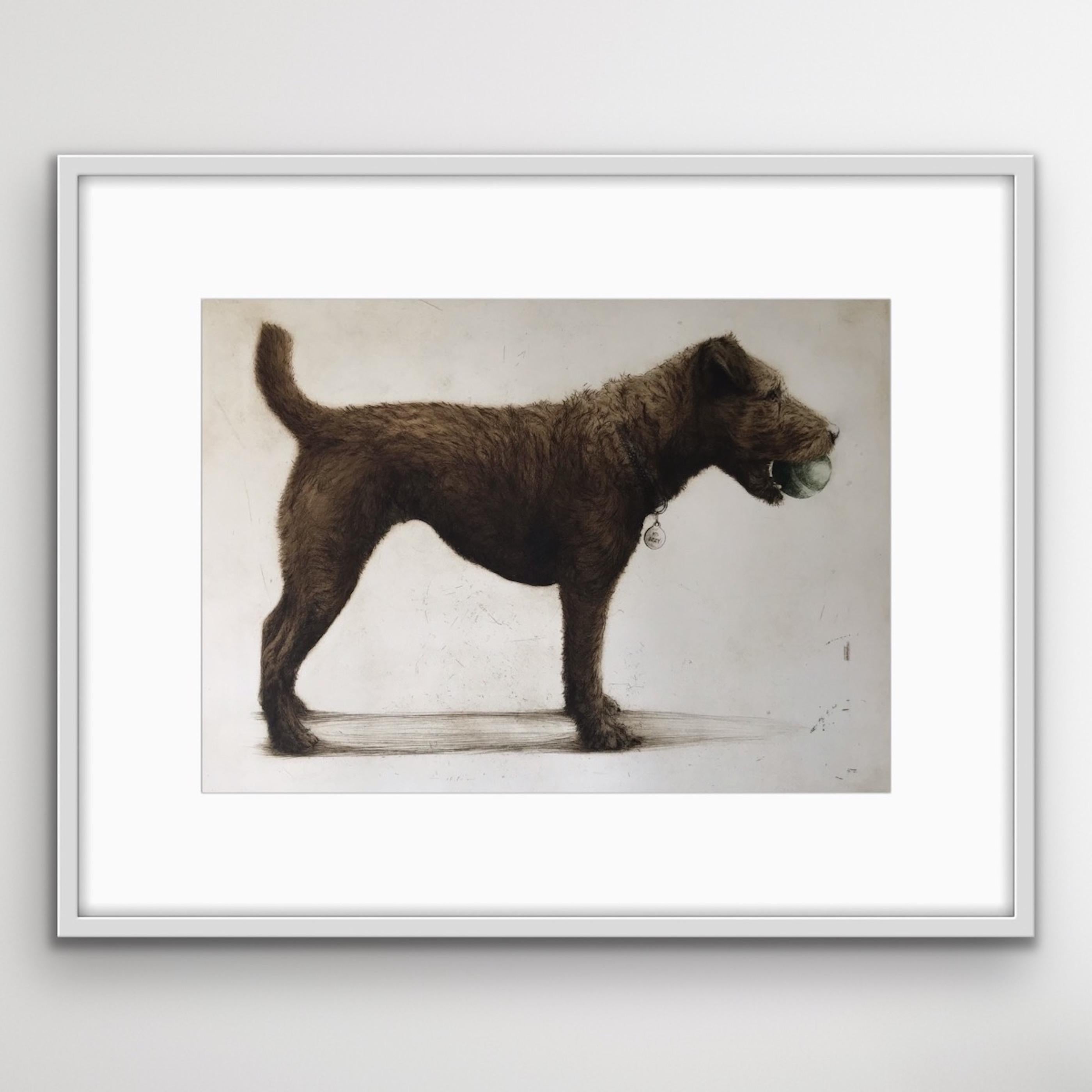 Izzy, ein charmanter, charaktervoller Terrier, steht wachsam da und hält ihren Ball im Maul. Farbradierung, handgefertigt und gedruckt von der Künstlerin.
Helen Fay's Kunst zum Verkauf online und in unserer Galerie bei Wychwood Art. Tiere standen