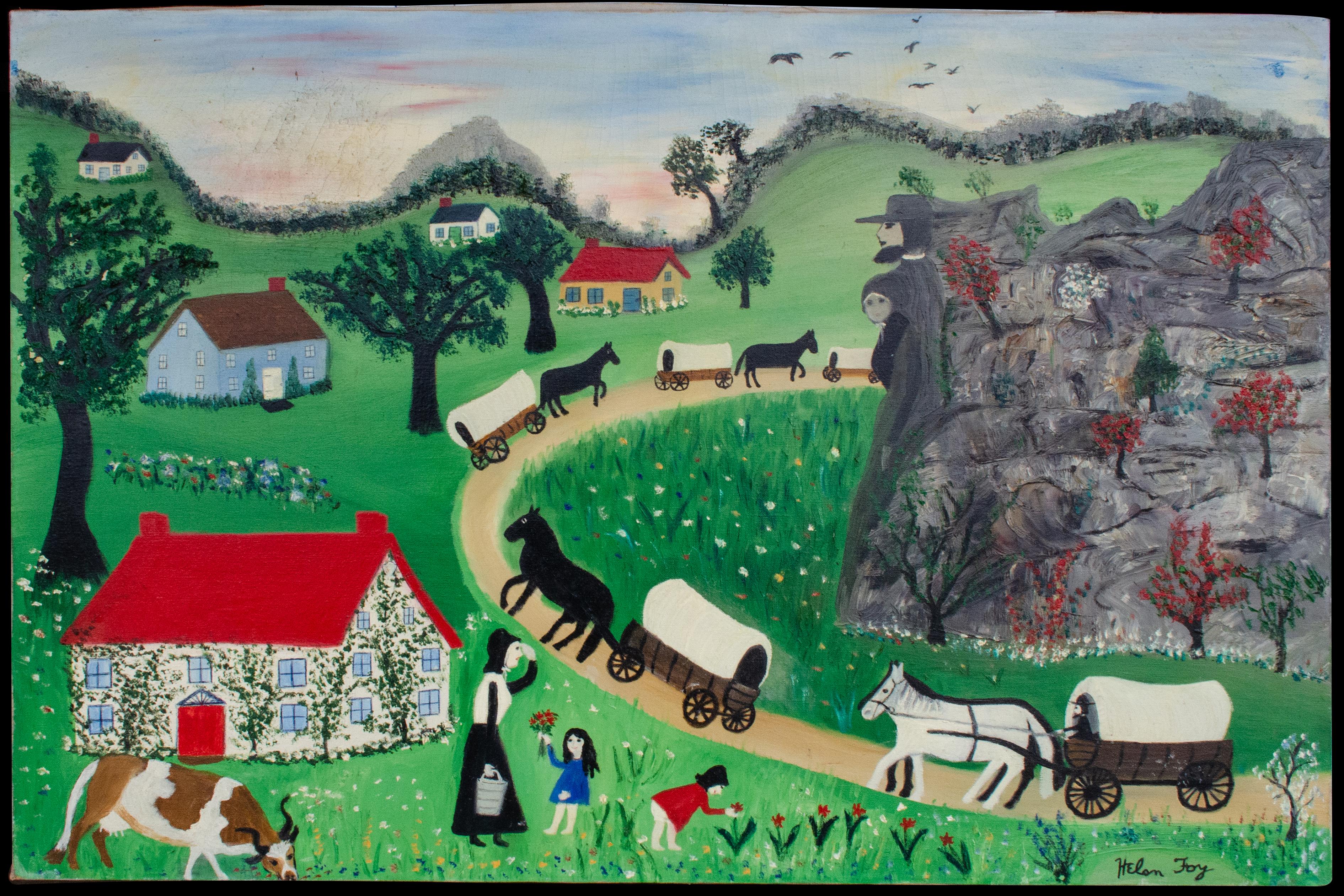 Helen Foy
Dreams of Old Pioneers, 20th Century
Acrylic (?) on canvas
23 3/4 x 36 in. 
Signed lower right: Helen Foy
Titled and signed verso: Dreams of Old Pioneers by Helen Foy

Helen Foy was an American folk artist whose paintings captured a