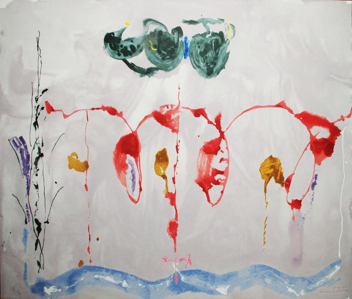 Titled "Aerie" and based on a painting of this title, the screen print wonderfully embodies the energetic and radiant color one so desires in Ms. Frankenthaler's paintings.  It is a remarkably complex, hand made image utilizing more than 90 screens