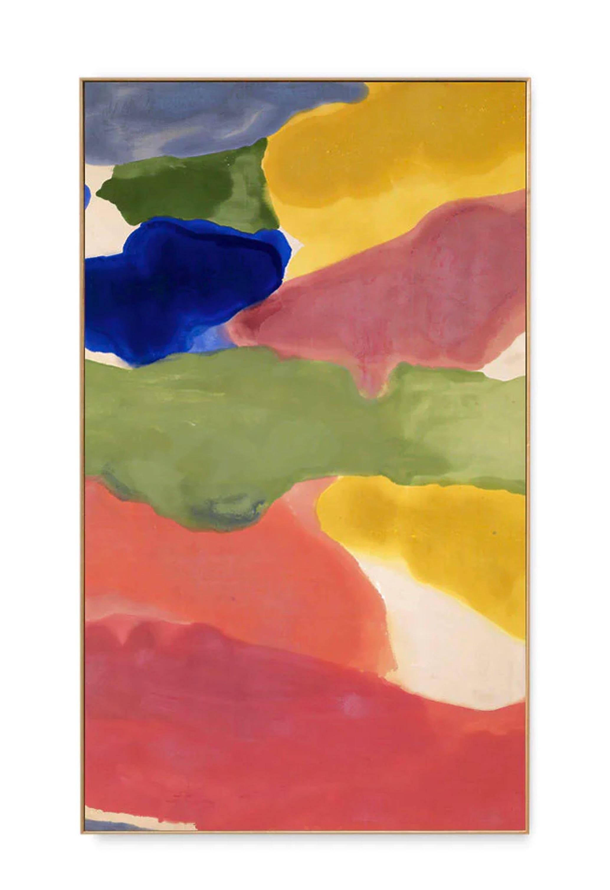 Cette estampe présente une reproduction de Tutti-Frutti (1966) d'Helen Frankenthaler. Elle est montée et laminée pour la protéger de la poussière et des rayons UV, et placée dans un cadre naturel de 2 pouces de profondeur, teinté à la main, fabriqué