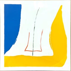 Lithographie abstraite moderne bleue, jaune, rouge et verte « Sun Corner »
