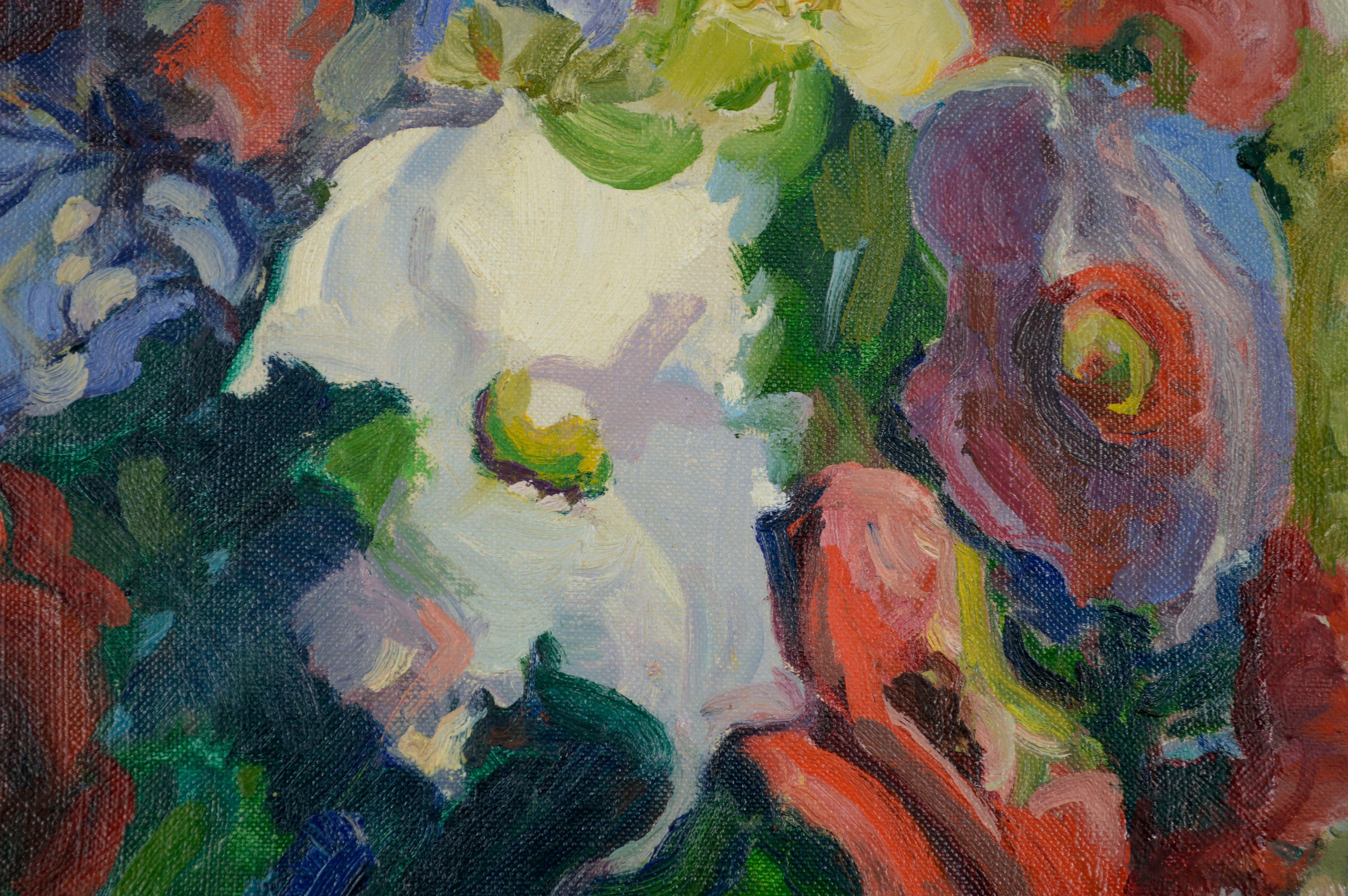 Bouquet de printemps, nature morte florale du milieu du siècle dernier  - Marron Still-Life Painting par Helen Gapen Oehler