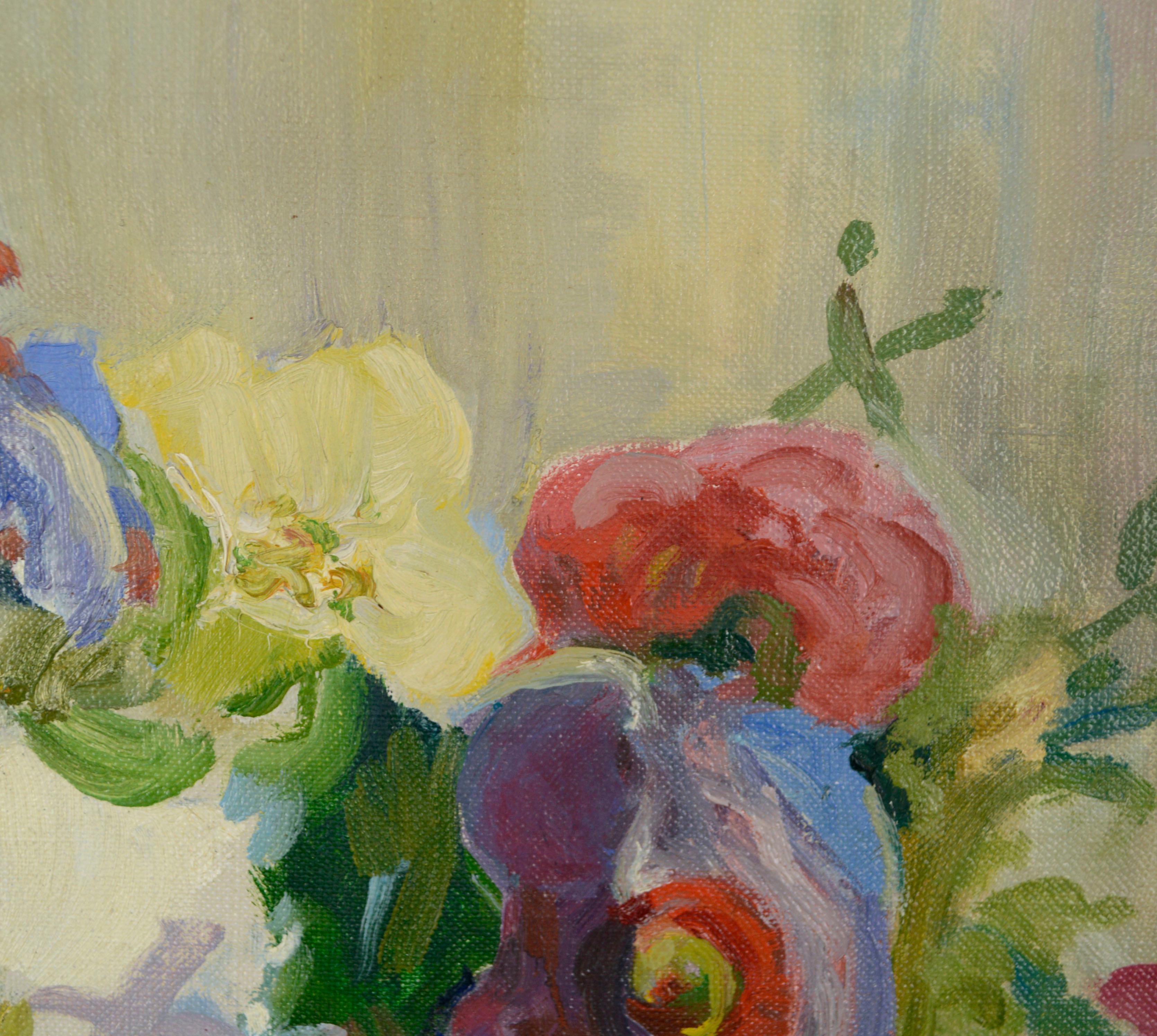 A lush spring bouquet bursts forth with a bounty of beautiful, vibrant flowers in bloom in this mid century floral still-life by Helen Gapen Oehler (American, 1893-1979). Signed 