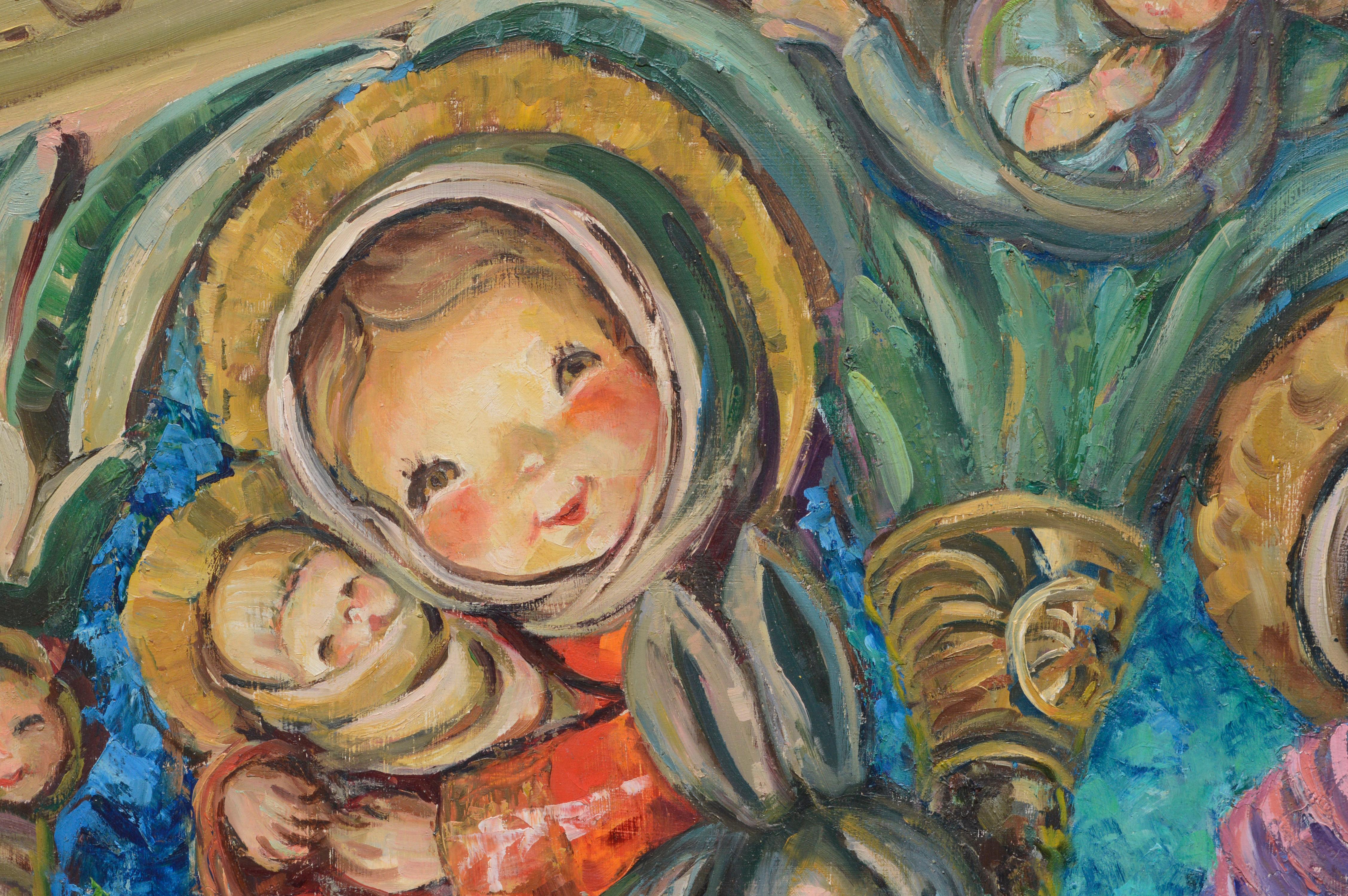 Mid Century Figurative Nativity Scene w Hummel Figurines, Gloria in Excelsis Deo - Painting by Helen Enoch Gleiforst