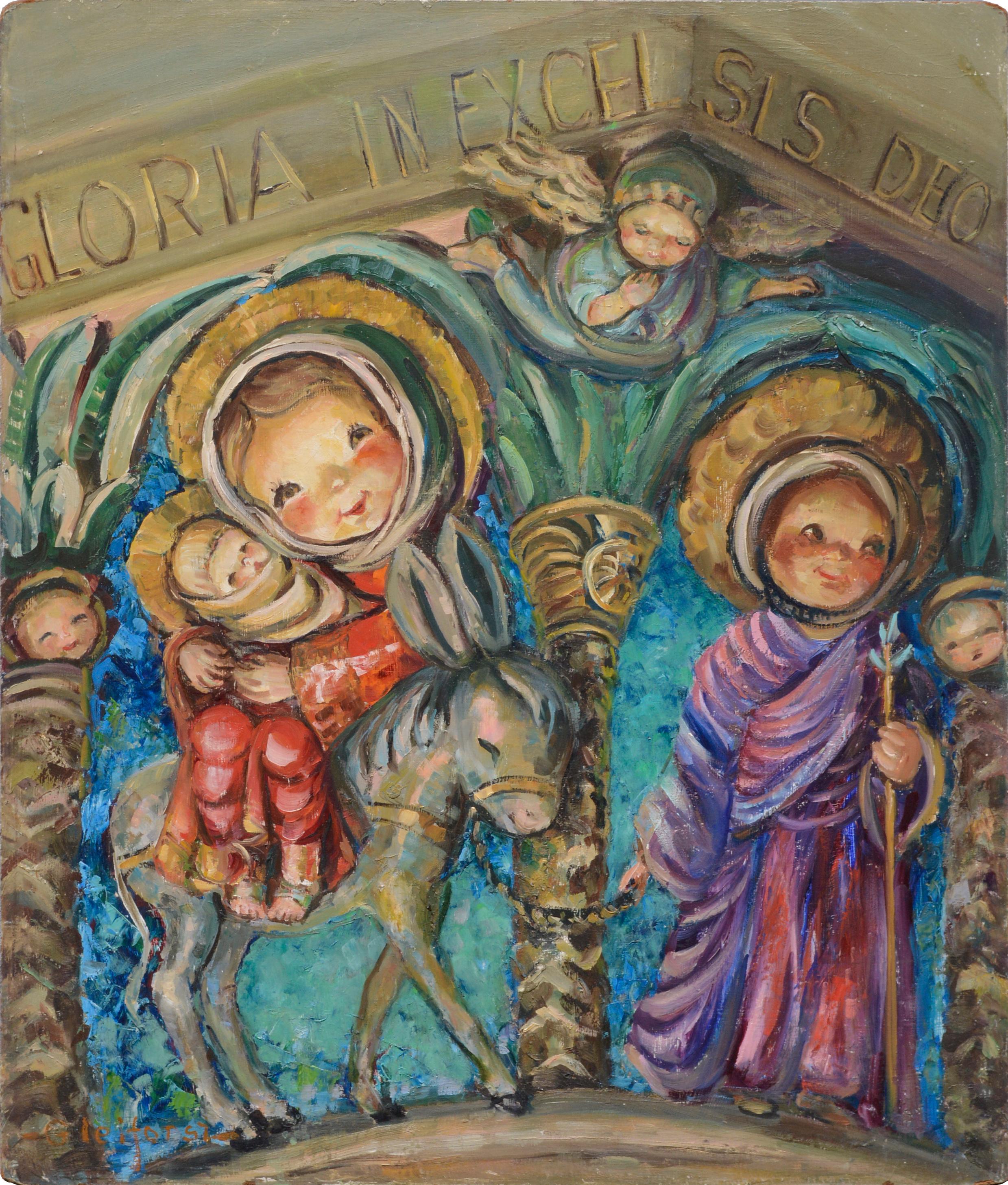 Mid Century Figurative Nativity Scene w Hummel Figurines, Gloria in Excelsis Deo
