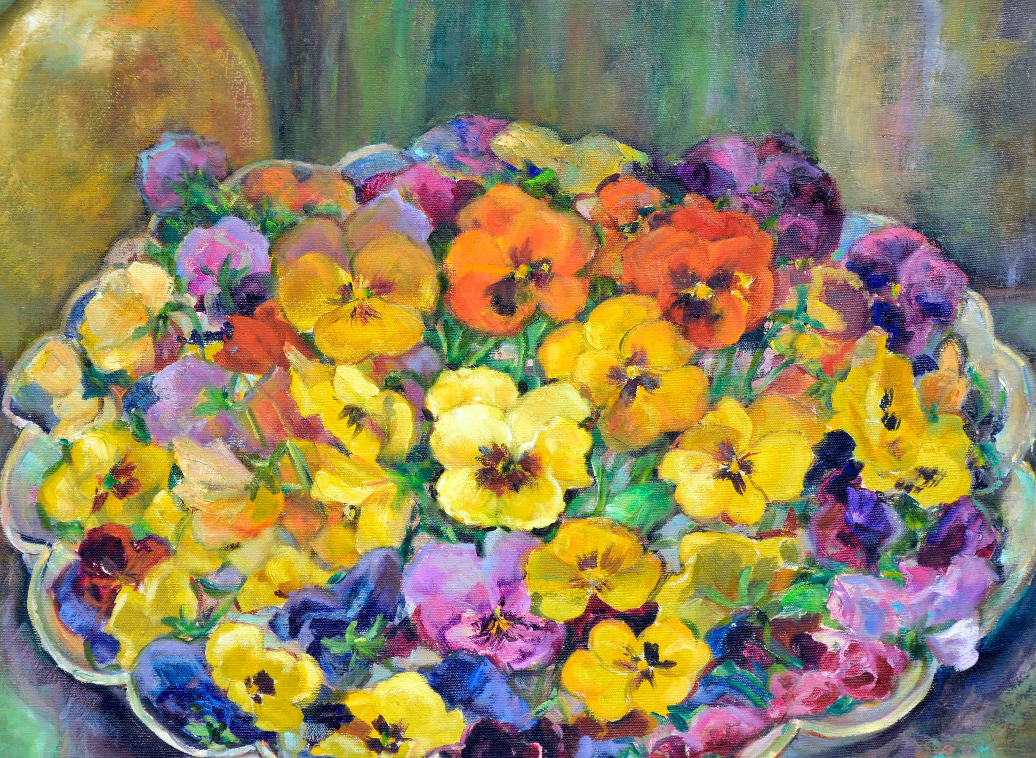 Pansies Still Life - American Impressionist Painting by Helen Enoch Gleiforst