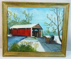 Primative American Oil Painting Horsedrawn Carriage Thru Gibson Bridge