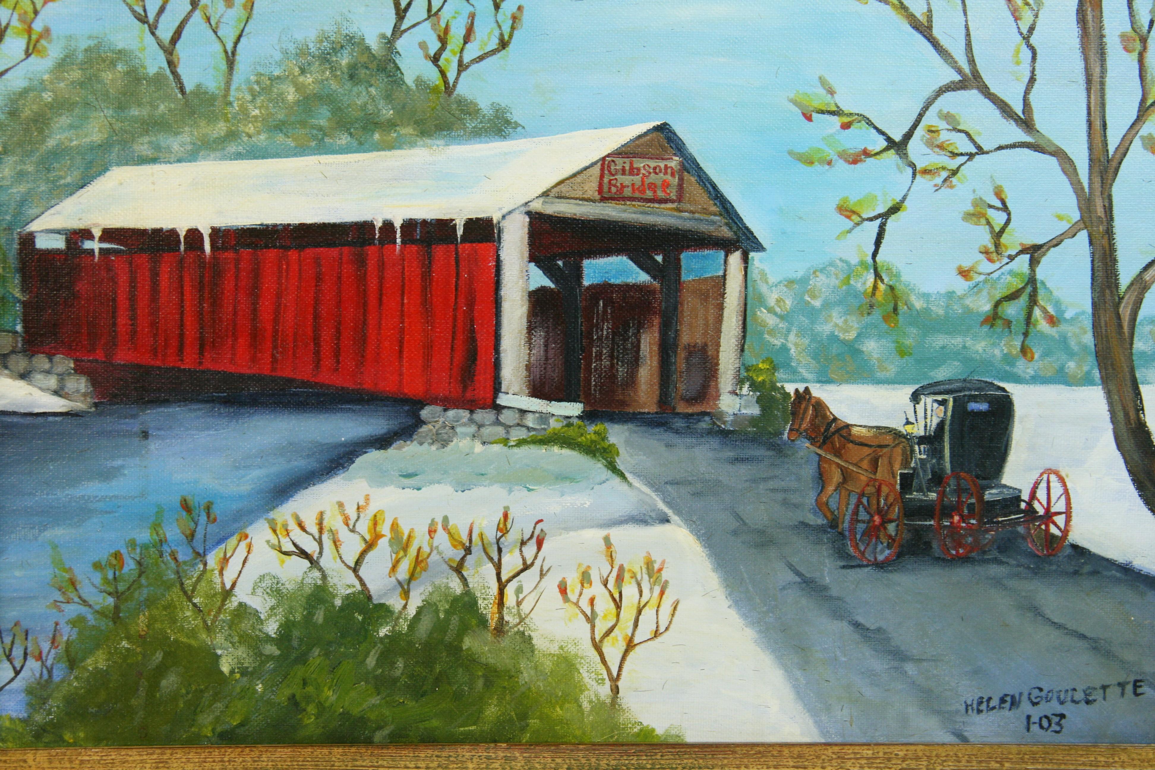 Primatives amerikanisches Ölgemälde, Pferdegemälde eines Kutschen mit Gibson-Brücken (Blau), Landscape Painting, von Helen Goulelle