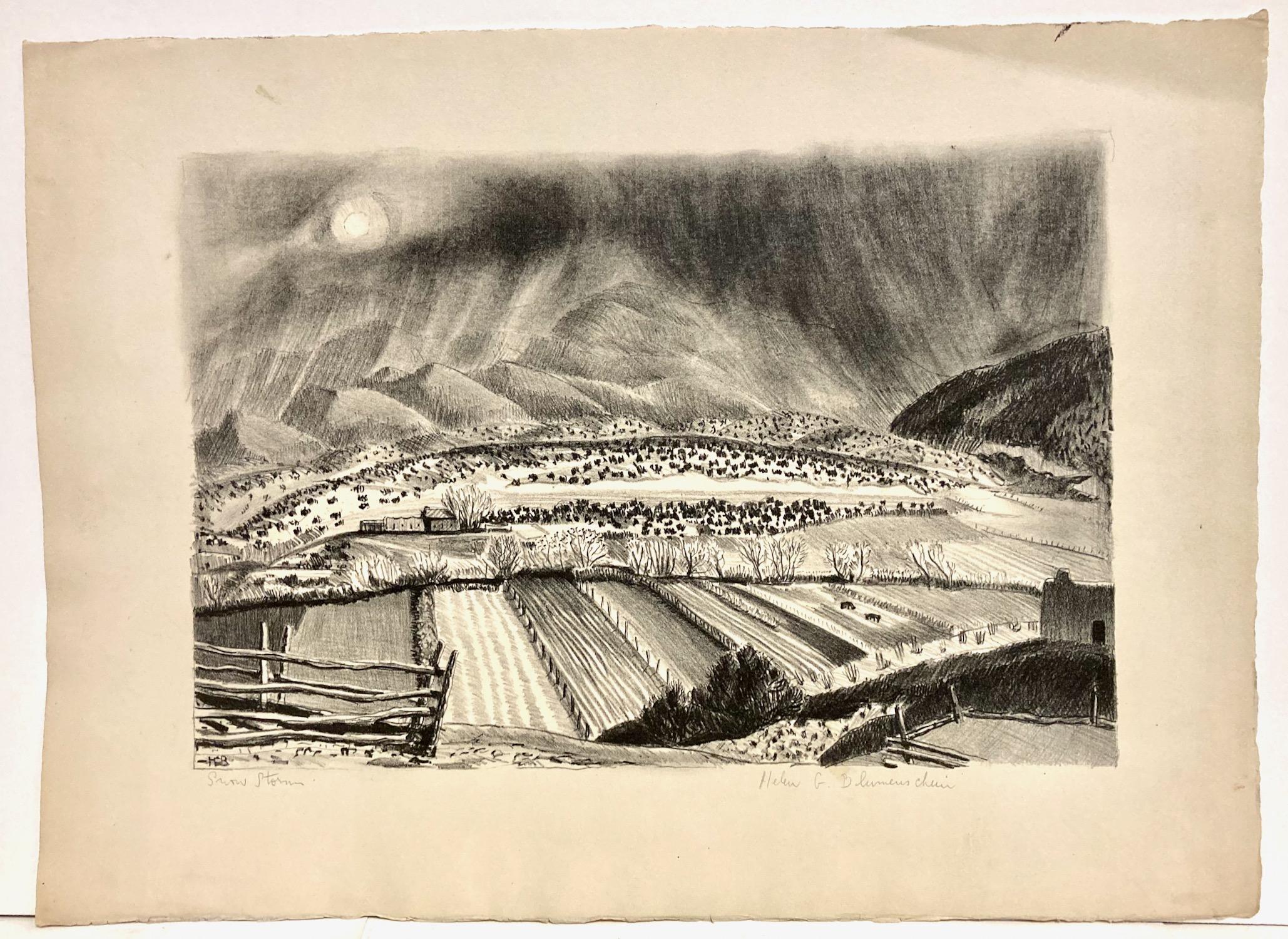 Helen Greene Blumenschein, Tempesta di neve (New Mexico), 1932-36, litografia - Print di Helen Blumenschein